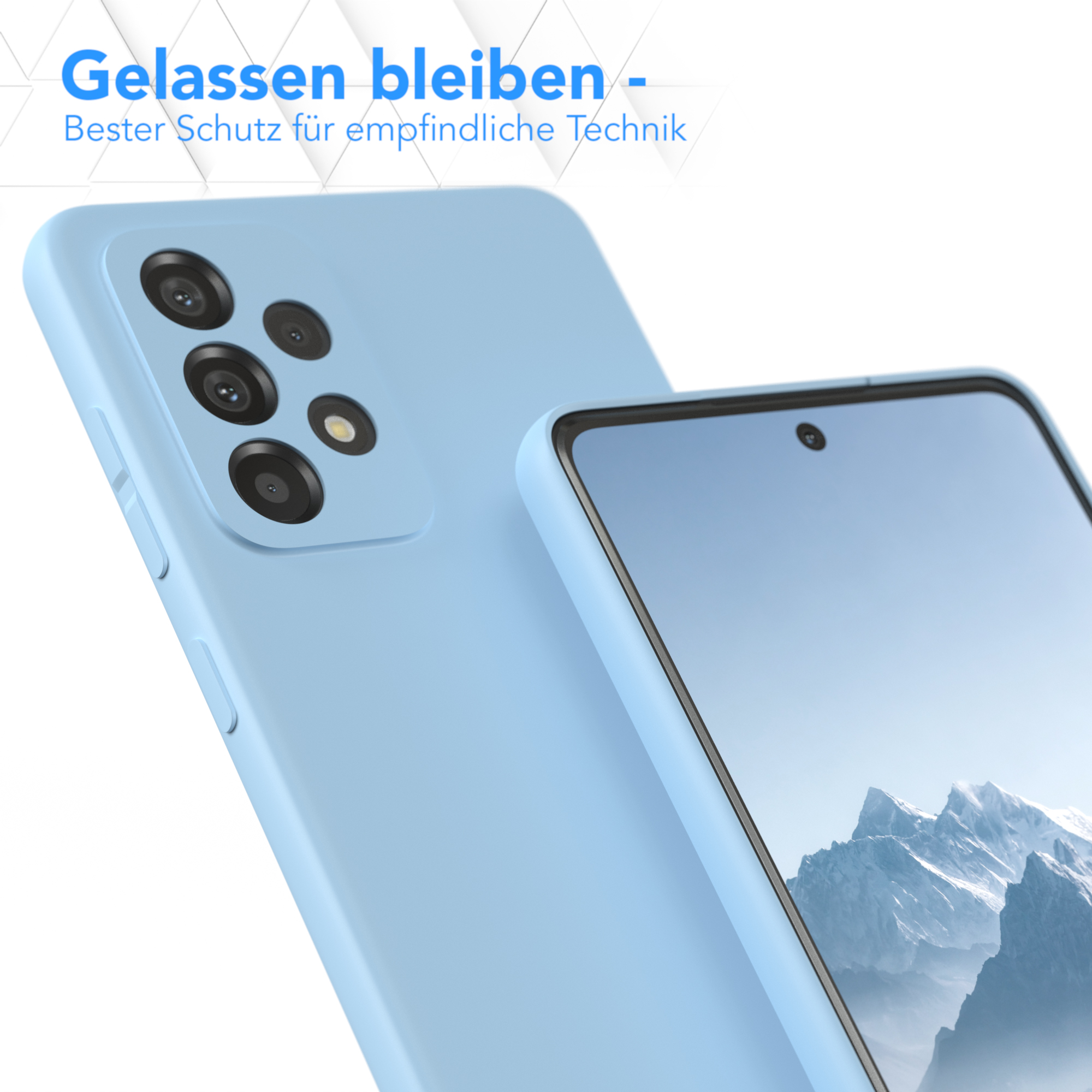 Eine blaue Handyhülle und ein Telefon mit einem Bergmotiv auf dem Bildschirm.