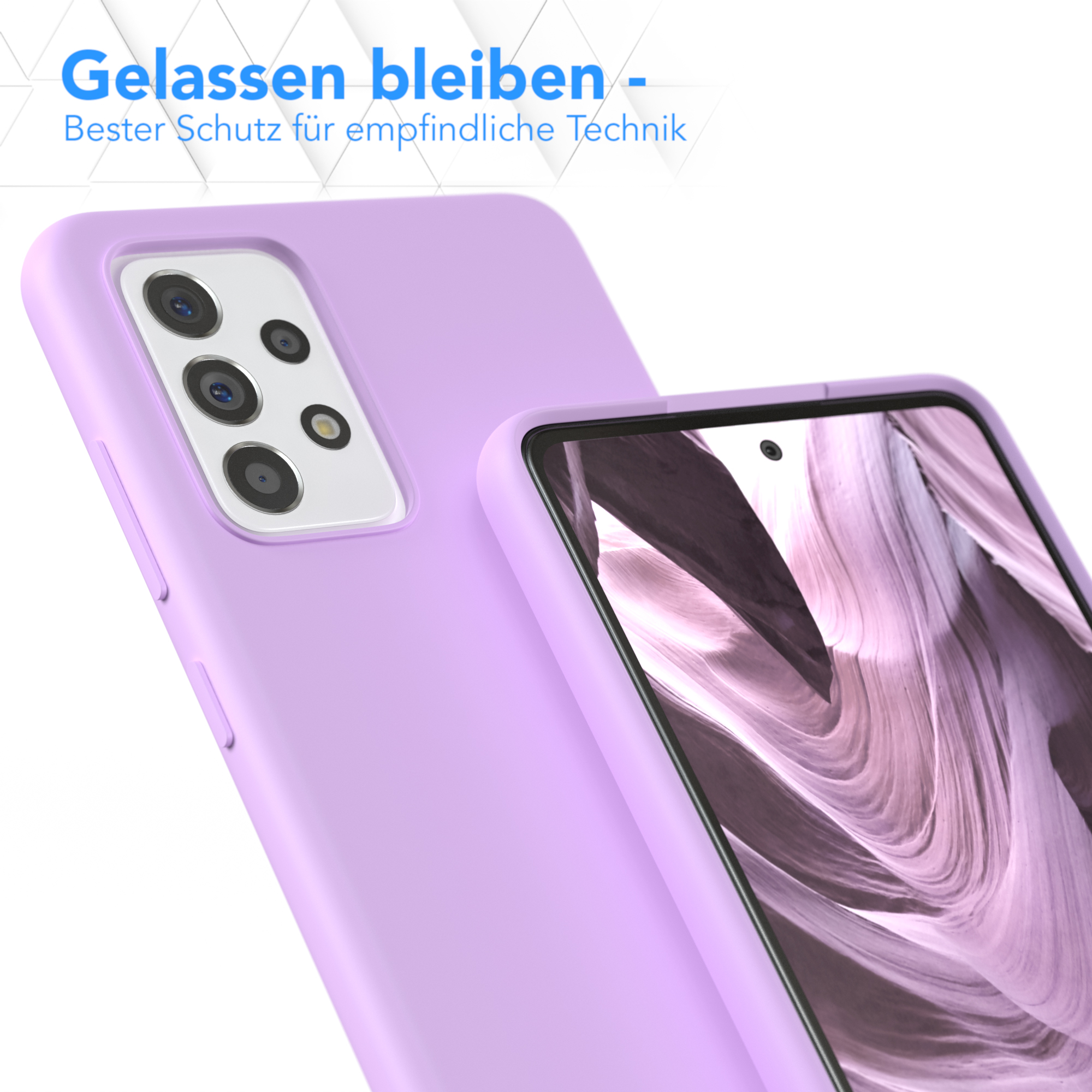 Eine hellviolette Handyhülle mit einem Telefon darin, vor unscharfem Hintergrund.