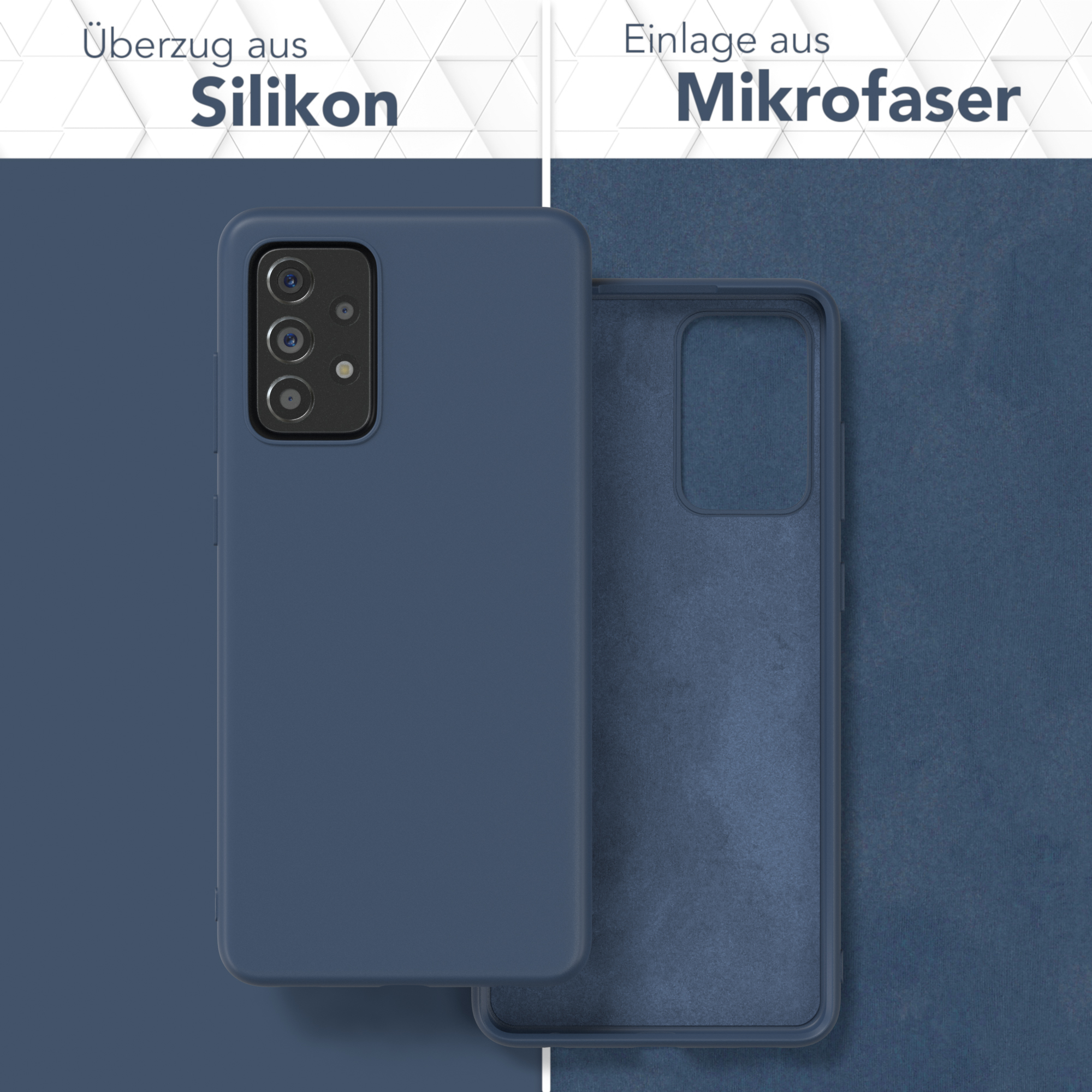 Handyhülle in zwei Teilen. Ein Teil blaues Silikon, der andere blaue Mikrofaser. Produkt ist blau.