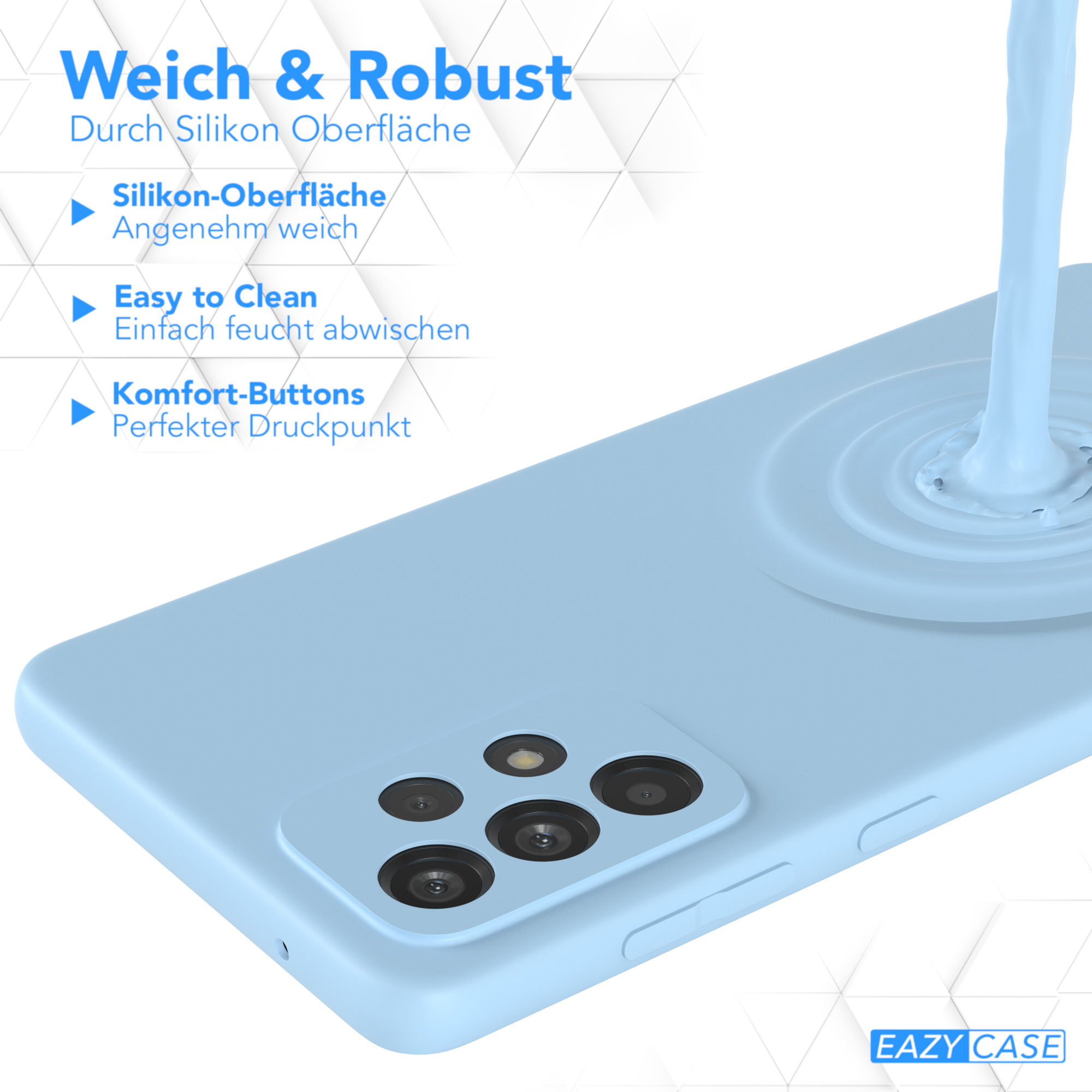Eine hellblaue Handyhülle mit Telefon, mit Wasser, das auf die Handyhülle gegossen wird.