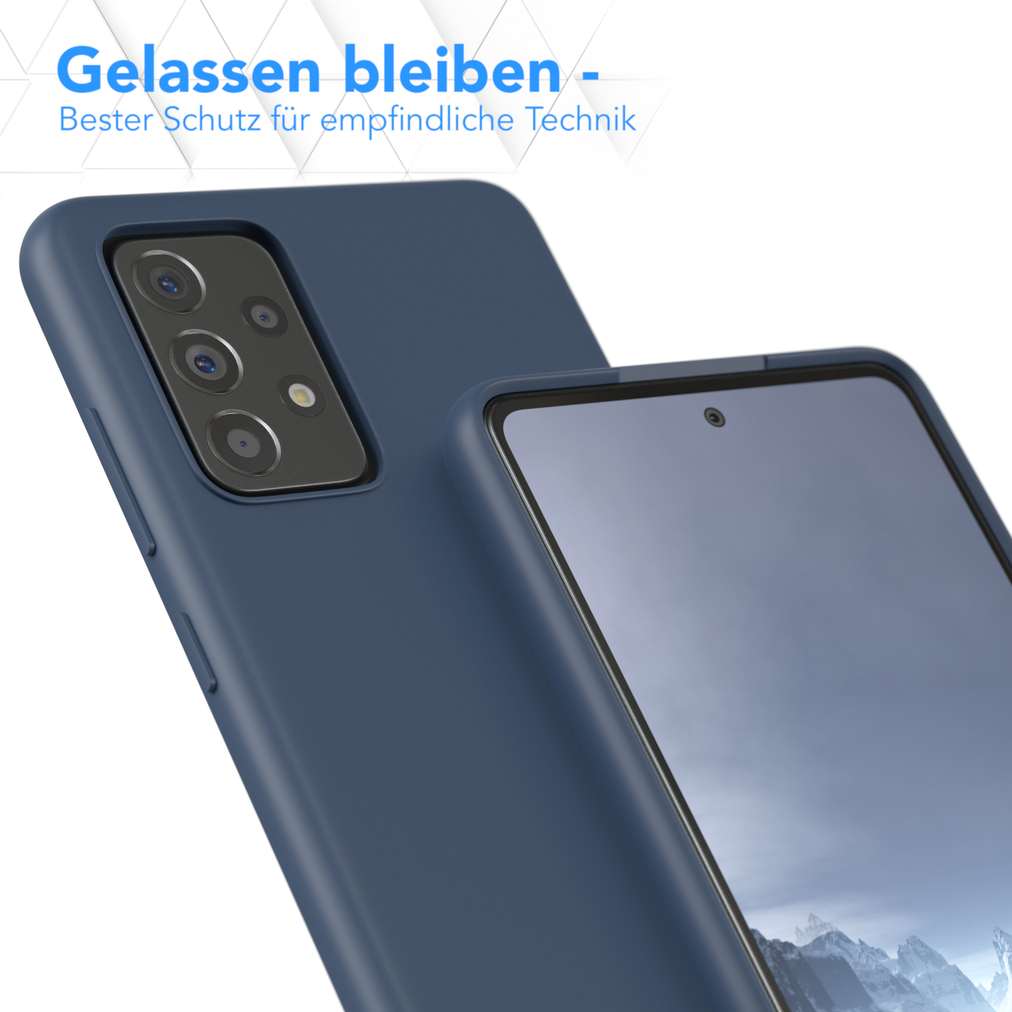 Eine blaue Handyhülle auf einem blauen Telefon, mit Nahaufnahme des Bildschirms und der Kamera.