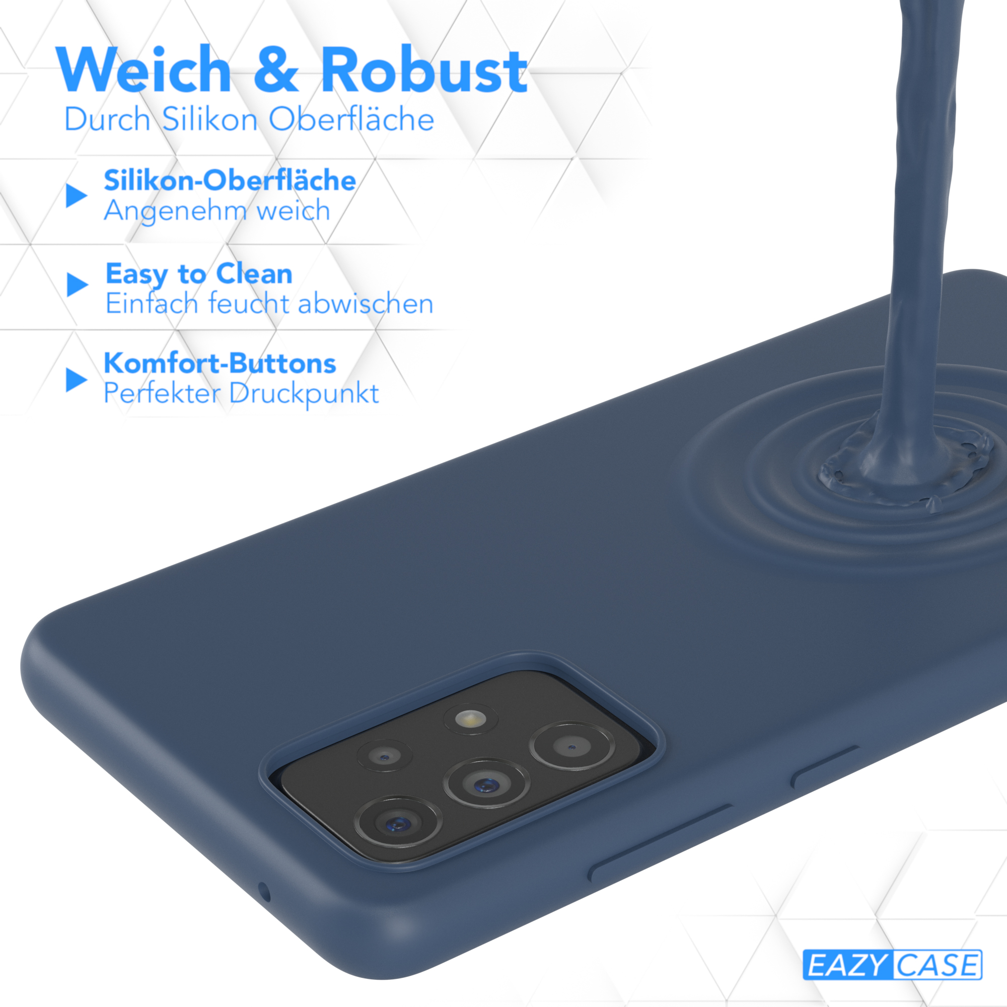 Blaue Handyhülle mit Text. Blaue Flüssigkeit gießt. Telefon mit Kameras. Weißer Hintergrund.