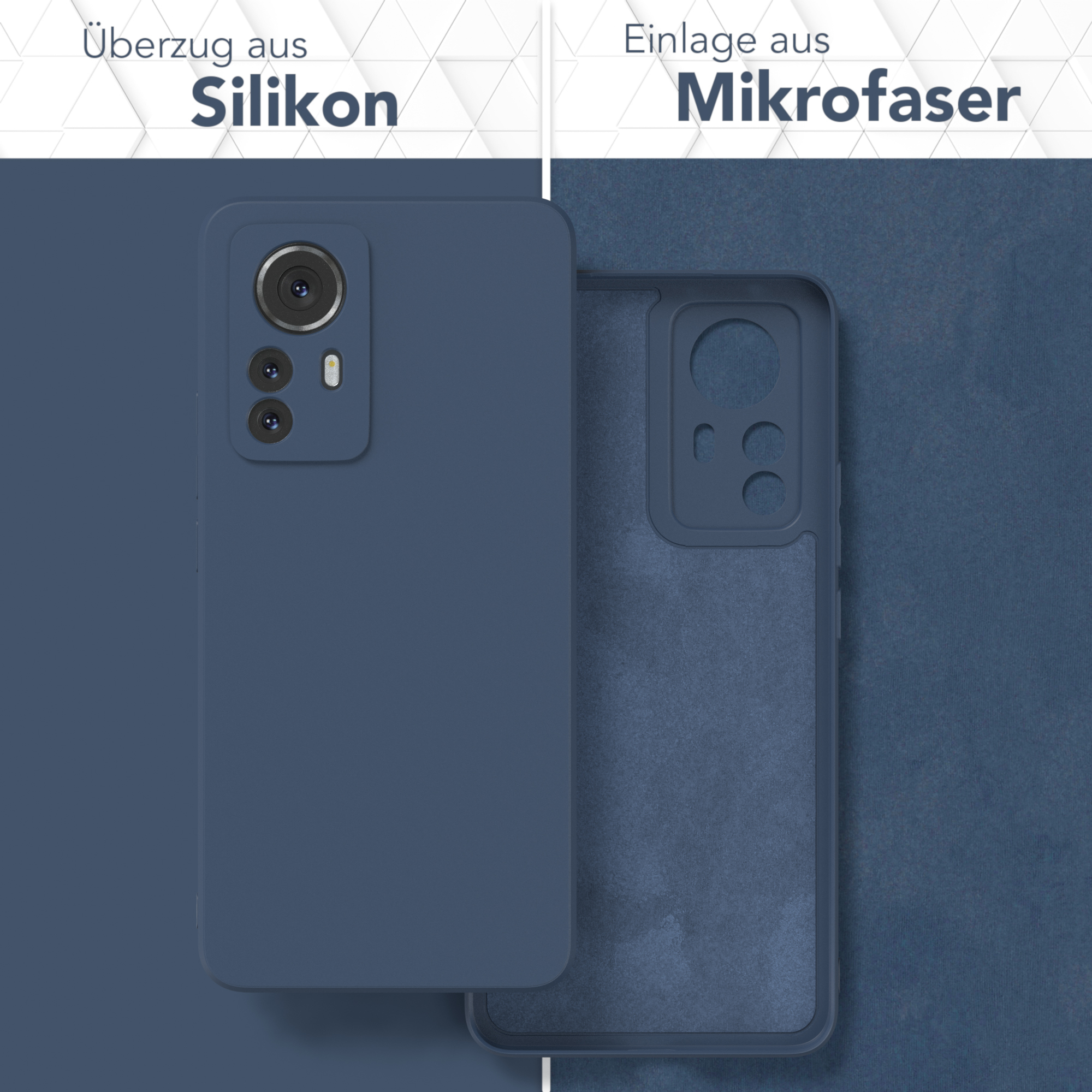 Blaue Handyhüllenkomponenten, ein Telefon und eine Mikrofaser-Rückseite auf blauem Hintergrund.