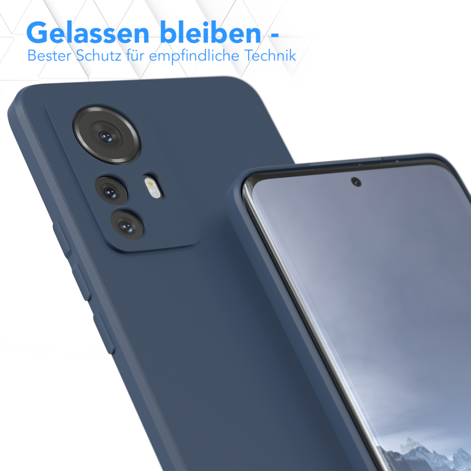 Nahaufnahme einer dunkelblauen Handyhülle, die ein Telefon schützt. Die Hülle ist über einem Telefon.