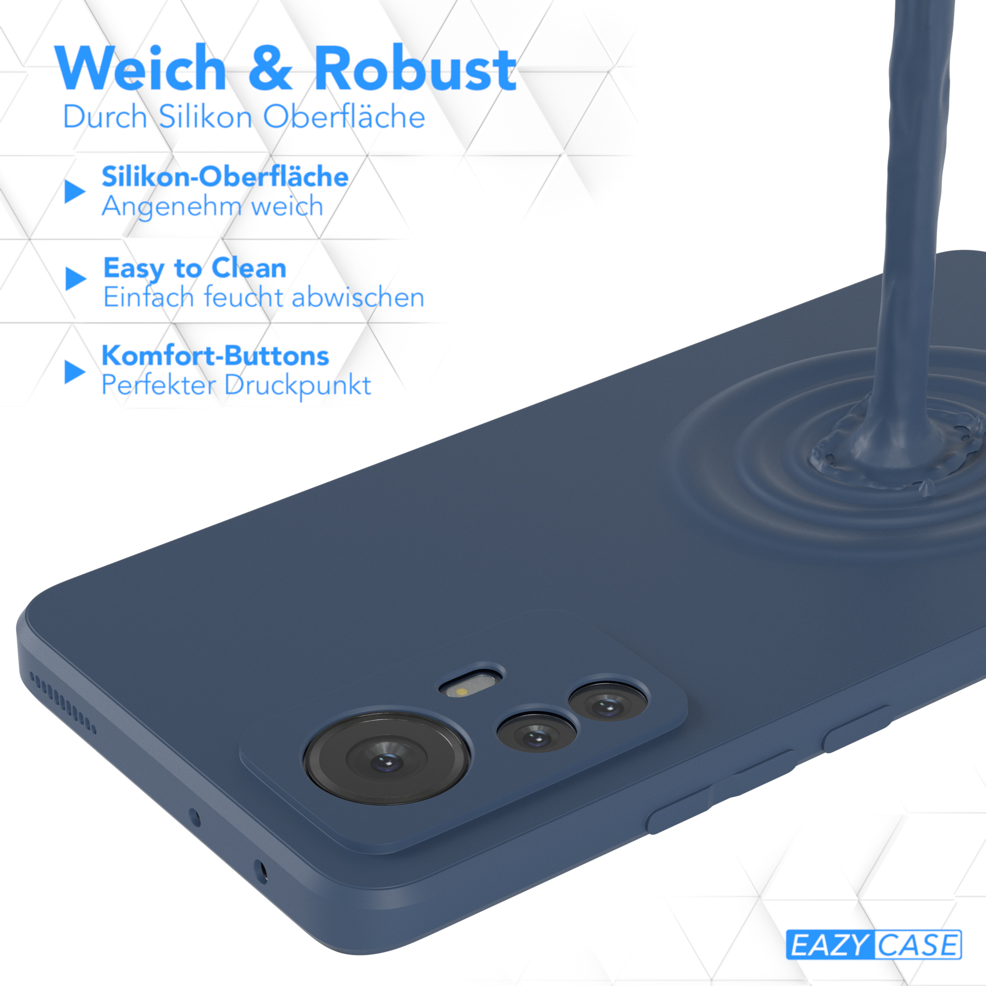 Blaue Handyhülle mit dunkler blauer Flüssigkeit, die gegossen wird. Text: Weich & Robust, Silikon-Oberfläche, Easy to Clean, Komfort-Buttons.