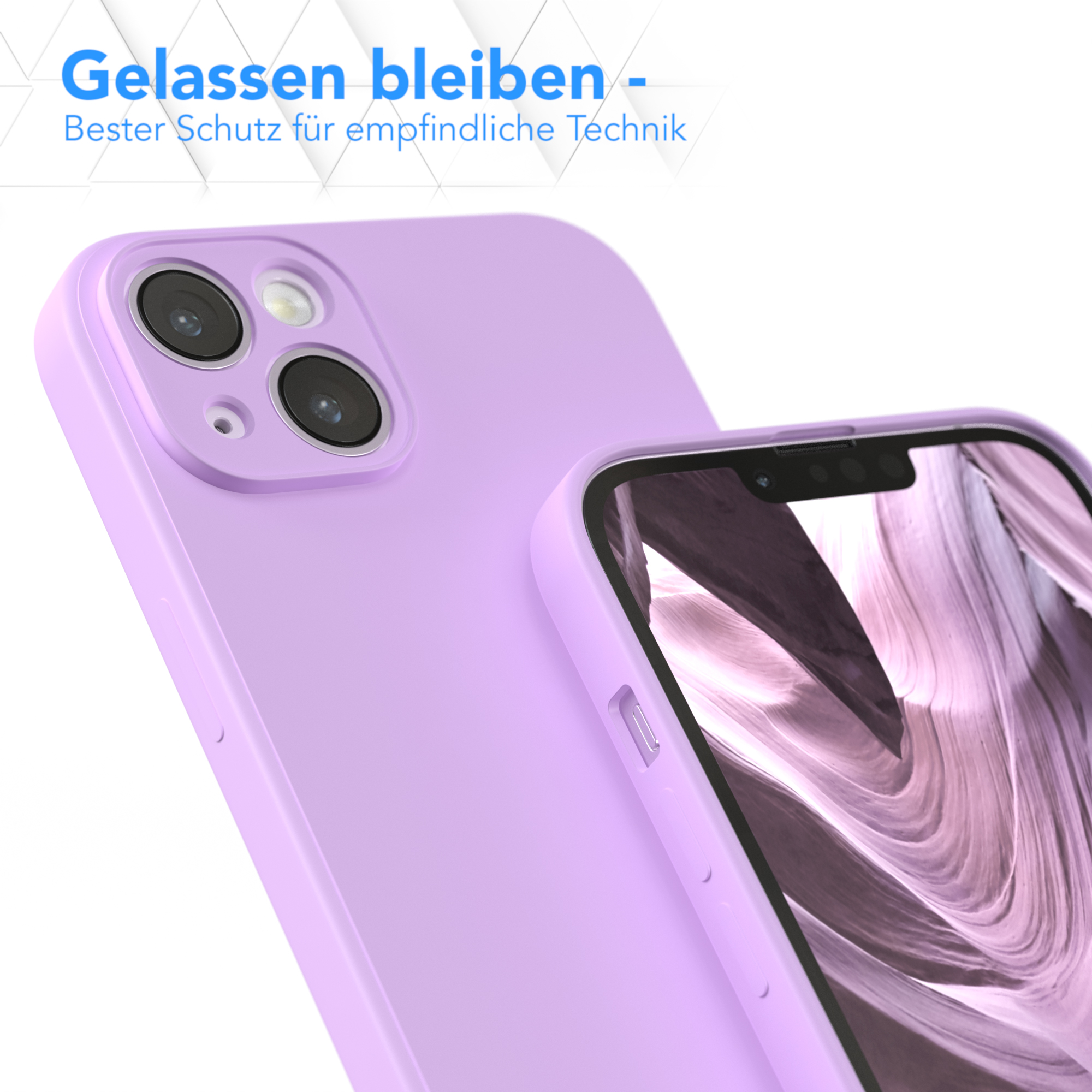 Zwei lilafarbene Handyhüllen, eine auf einem Telefon mit Kameraausbuchtung.