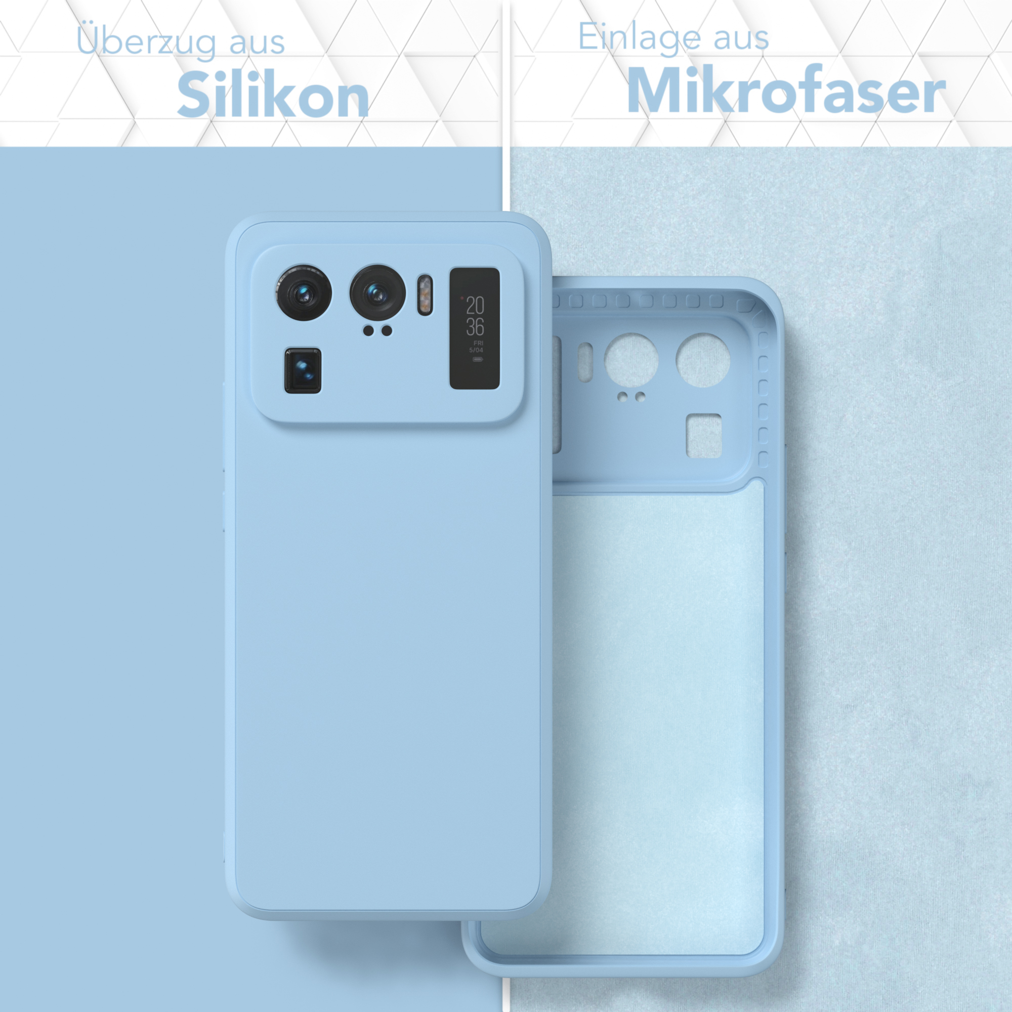 Hellblaue Handyhülle, zweiteilig, zeigt das Telefon. Text: 'Silikon' und 'Mikrofaser'.
