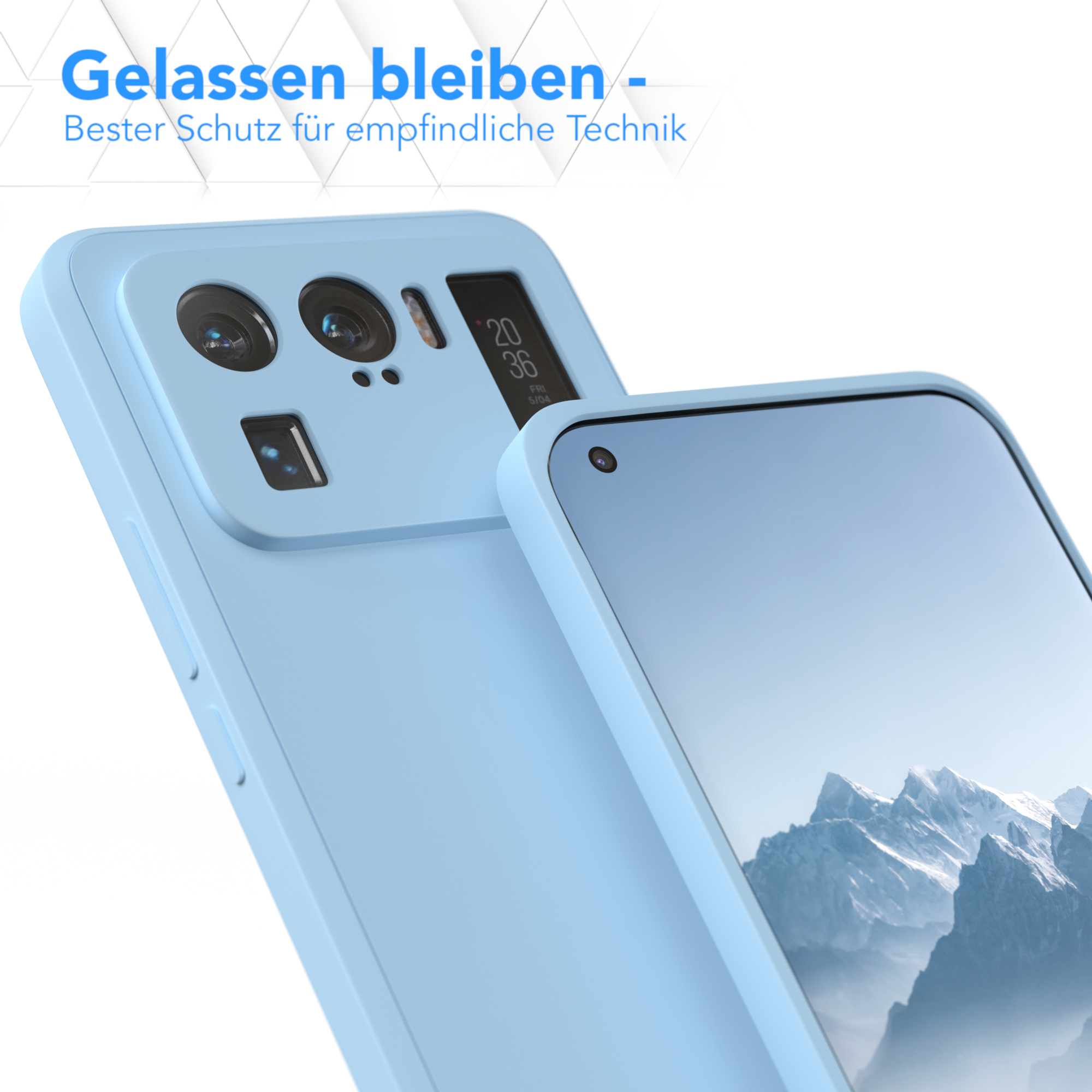 Hellblaue Handyhülle und Nahaufnahme des Telefons mit Text: "Gelassen bleiben - Bester Schutz für empfindliche Technik."