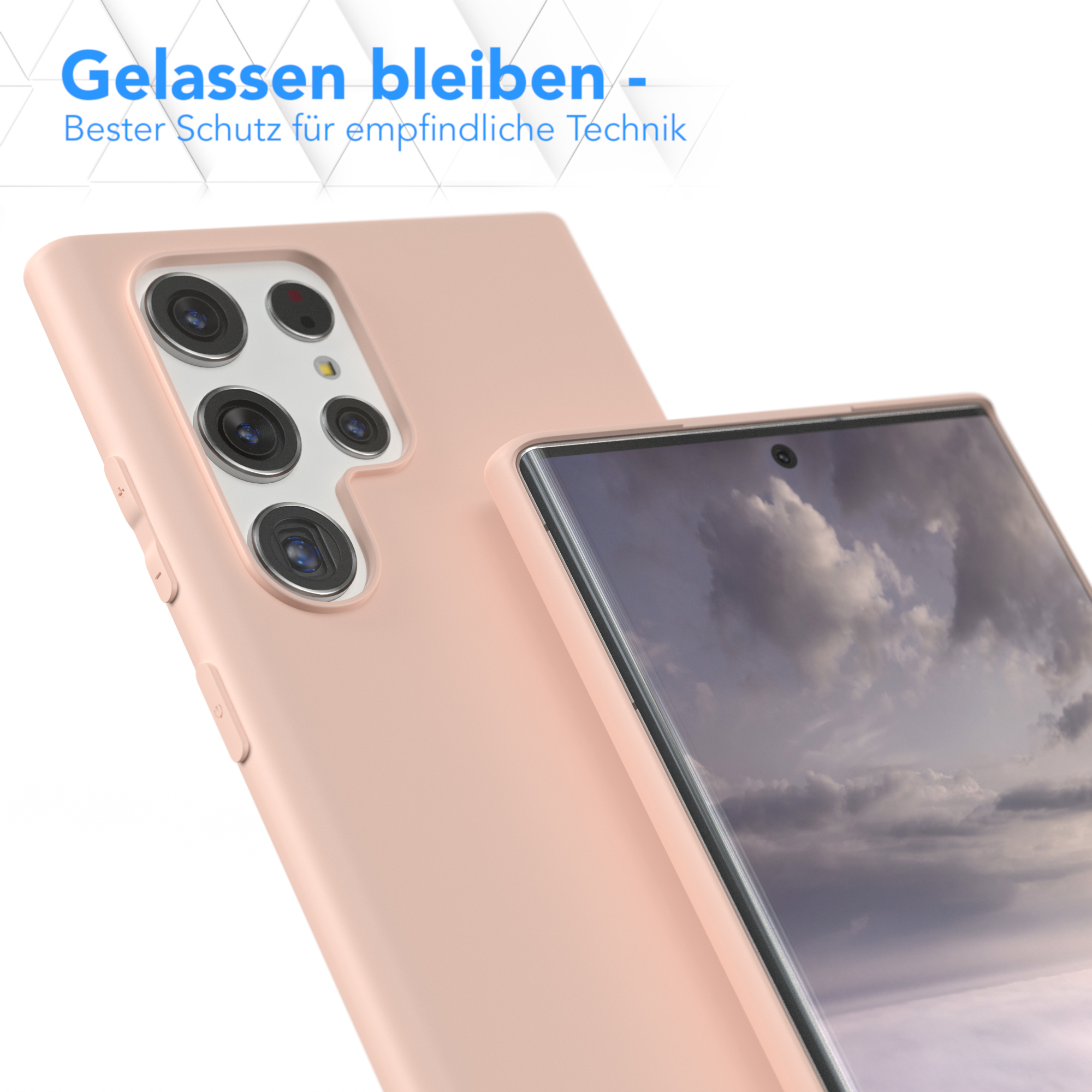 Rosa Handyhülle schützt ein Handy. Das Handy zeigt ein Landschaftsfoto. Weißer Hintergrund.