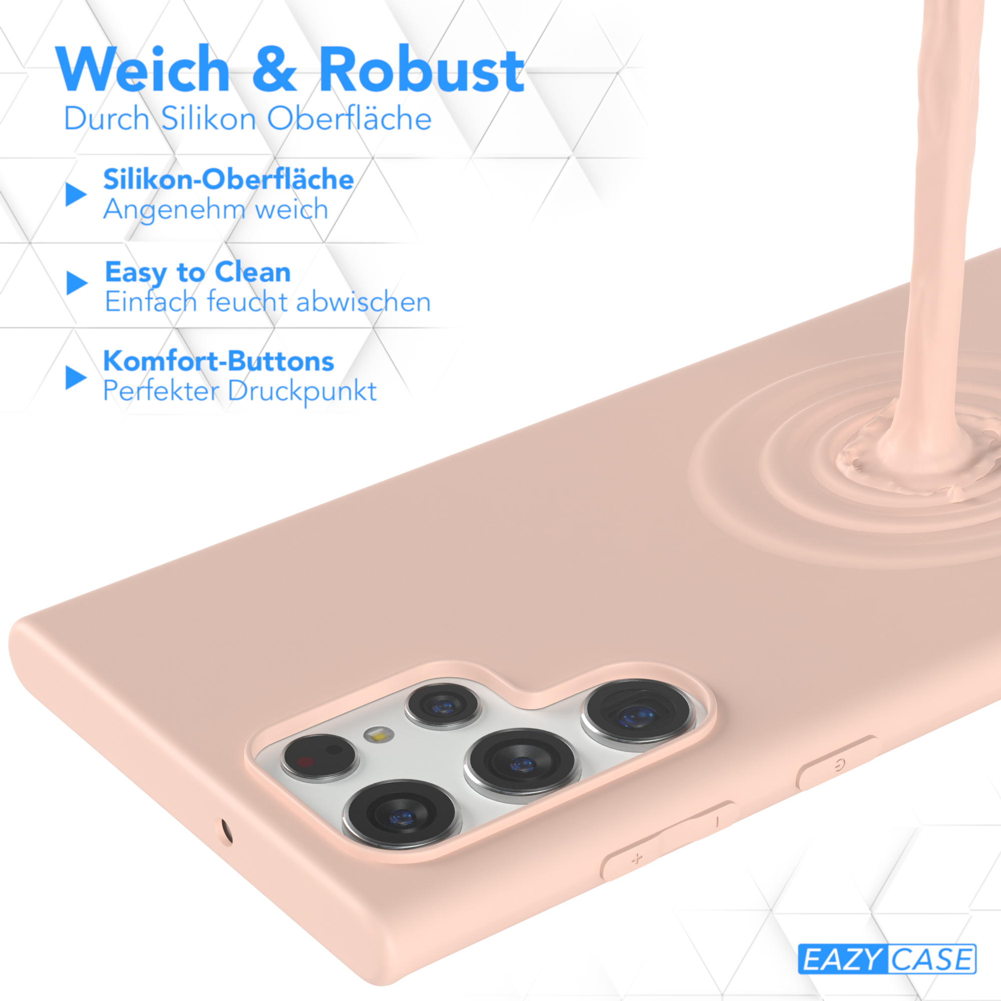 Eine Handyhülle mit Text, 'Weich & Robust'. Rosa Hülle, Flüssigkeitsspritzer.