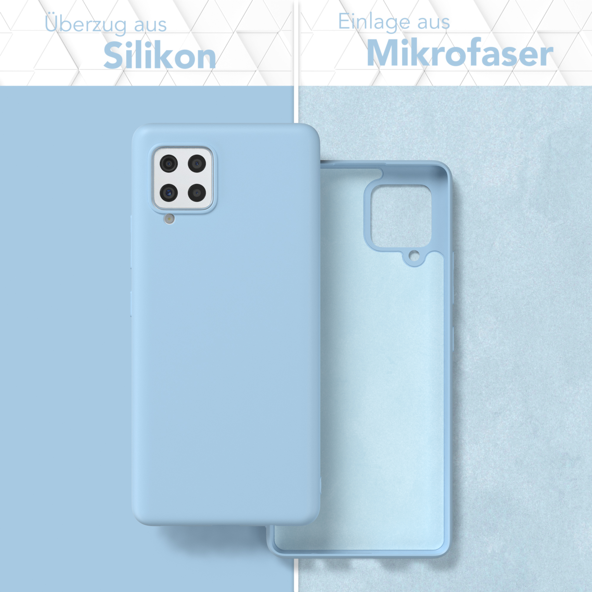 Eine hellblaue Handyhülle mit Silikon außen und Mikrofaser innen, geteilte Ansicht.