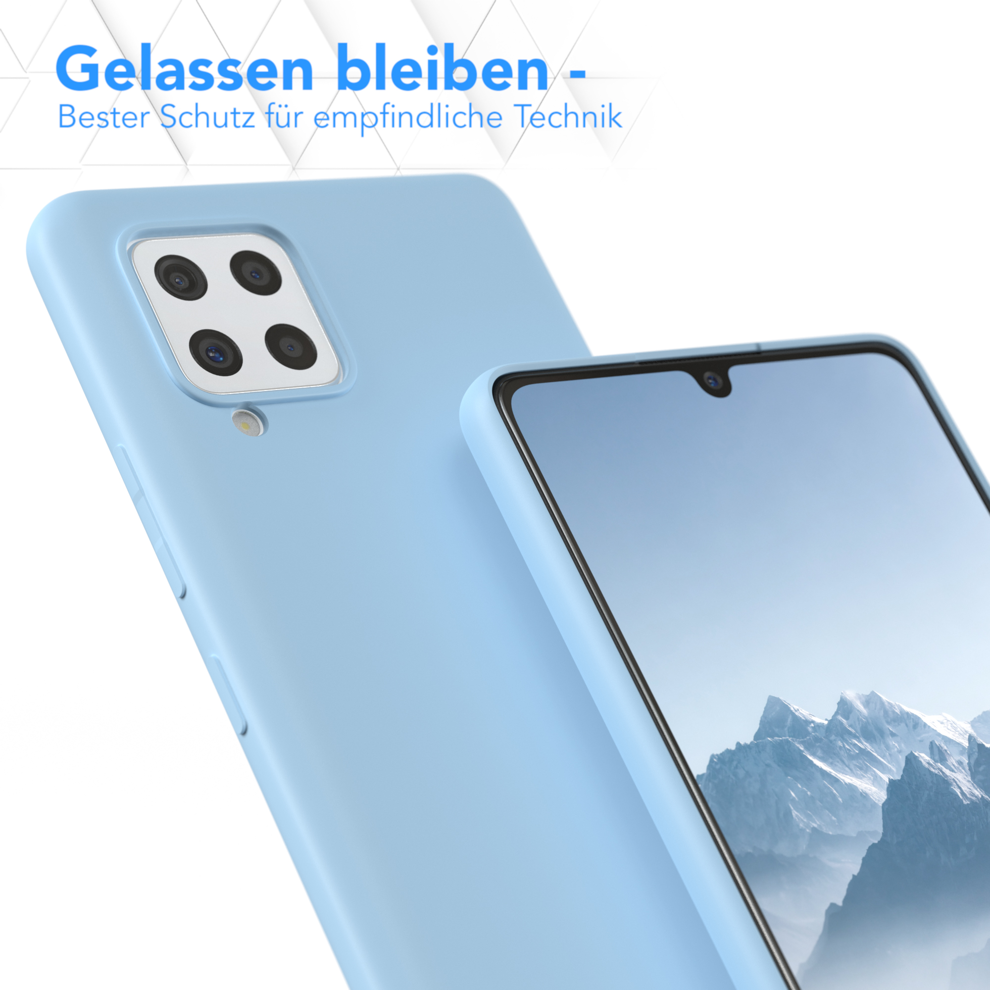 Zwei hellblaue Handyhüllen. Eine Hülle ist auf einem Telefon, die andere daneben.
