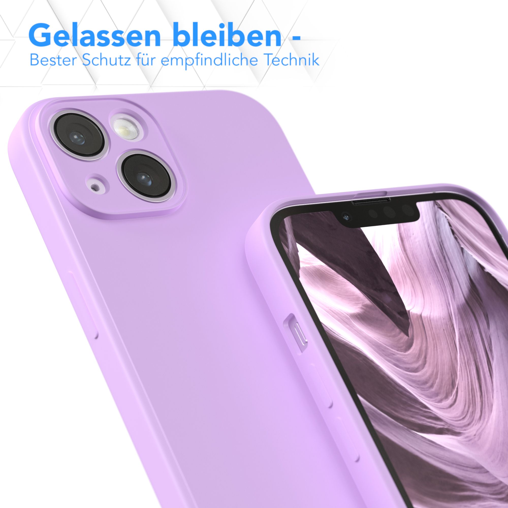 Eine lila Handyhülle und ein Telefon mit zwei Objektiven. Text: Bleiben Sie gelassen - bester Schutz für empfindliche Technik.
