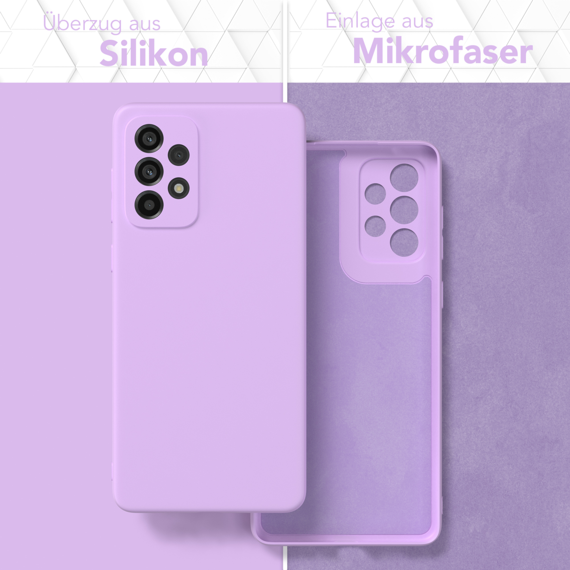 Eine hellviolette Handyhülle und ihr Inneres, mit deutschen Texten.