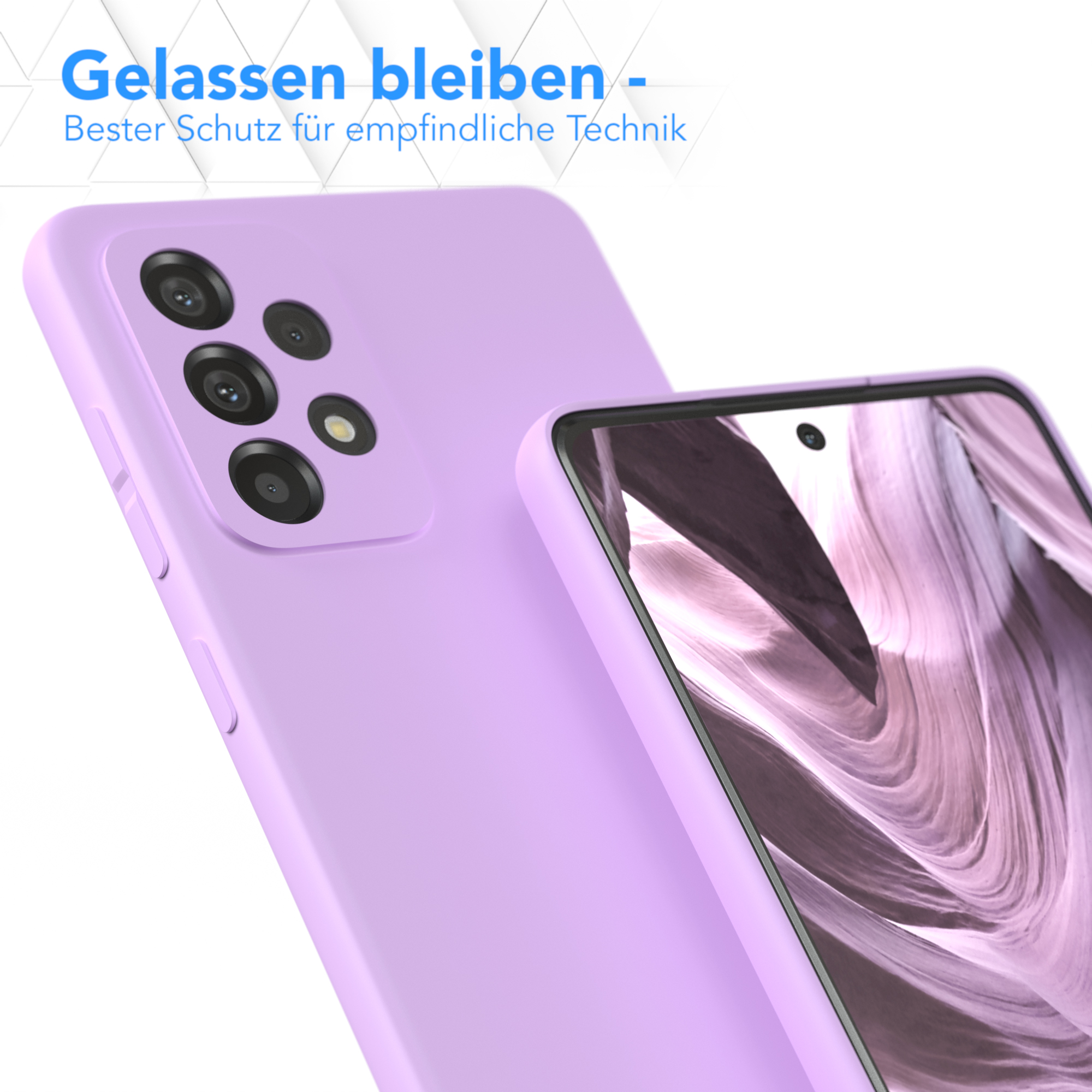 Zwei lavendelfarbene Handyhüllen, eine fokussiert, die andere unscharf, mit deutschem Text.