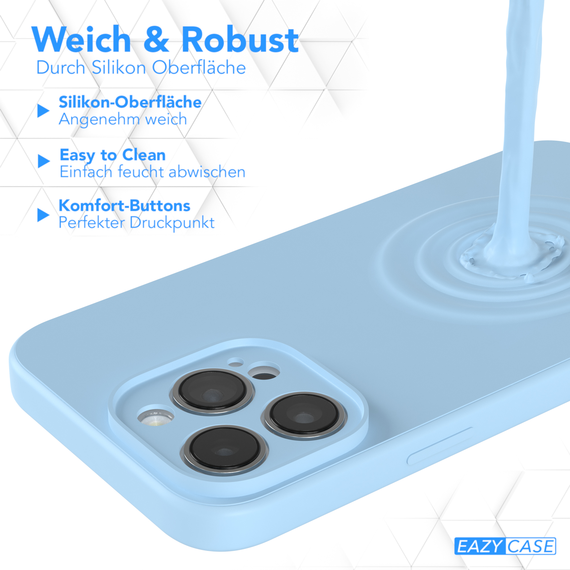 Eine hellblaue Handyhülle mit einem Telefon darin, mit einer wasserähnlichen Substanz, die darauf fließt.