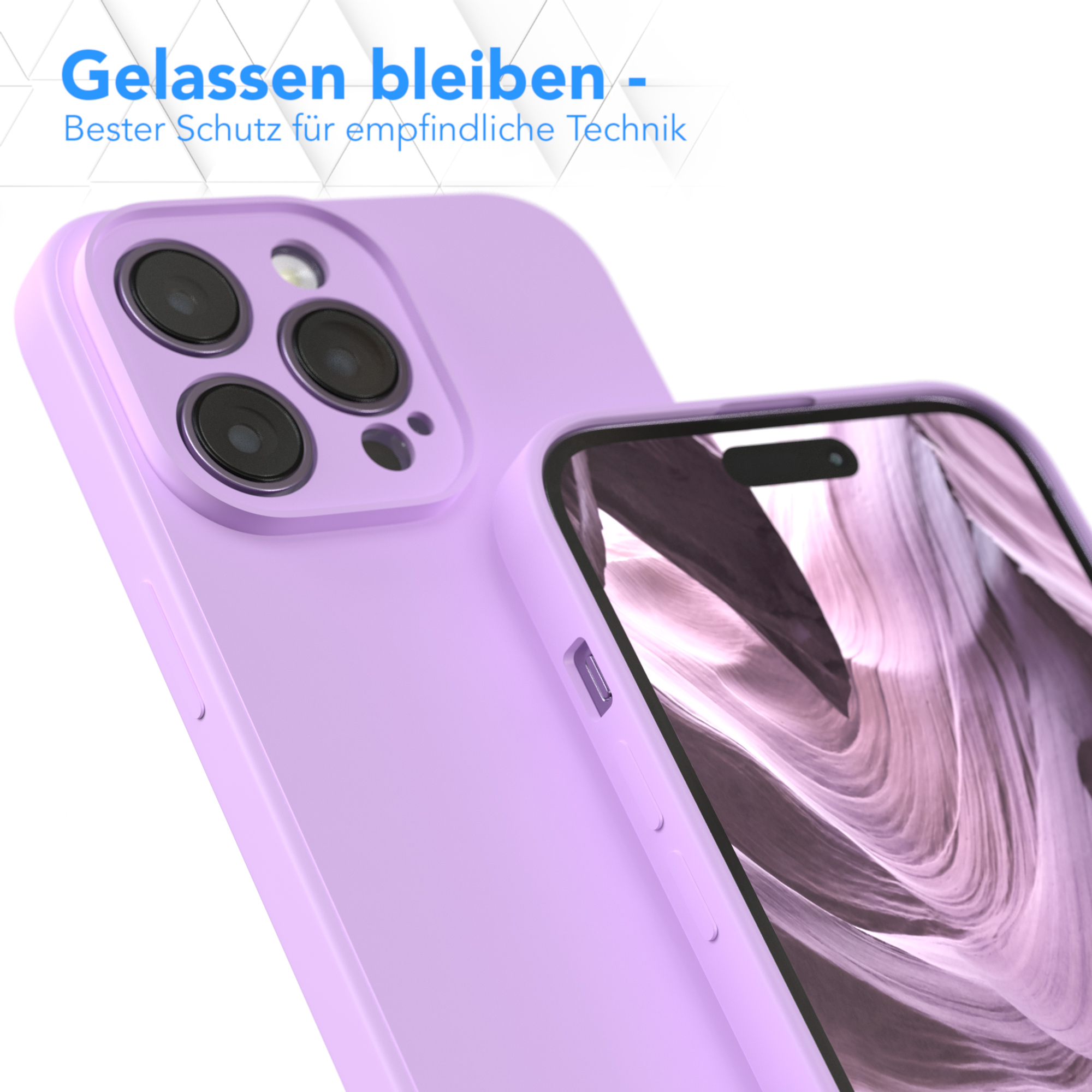 Nahaufnahme einer lila Handyhülle mit sichtbarer Kamera und Knöpfen, und eine zweite Handyhülle in ähnlicher Farbe.