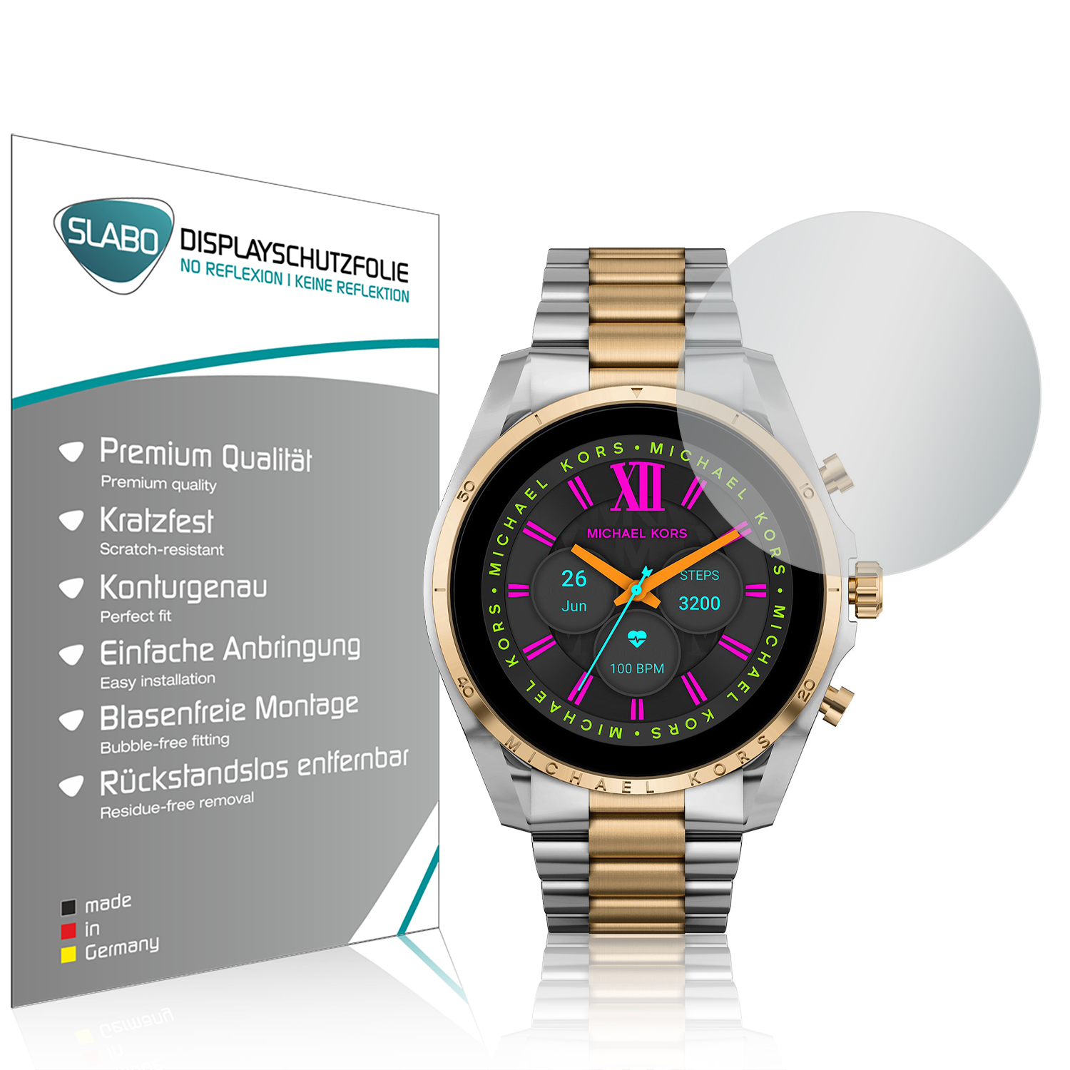 Eine Smartwatch mit Displayschutz und eine Produktverpackung.