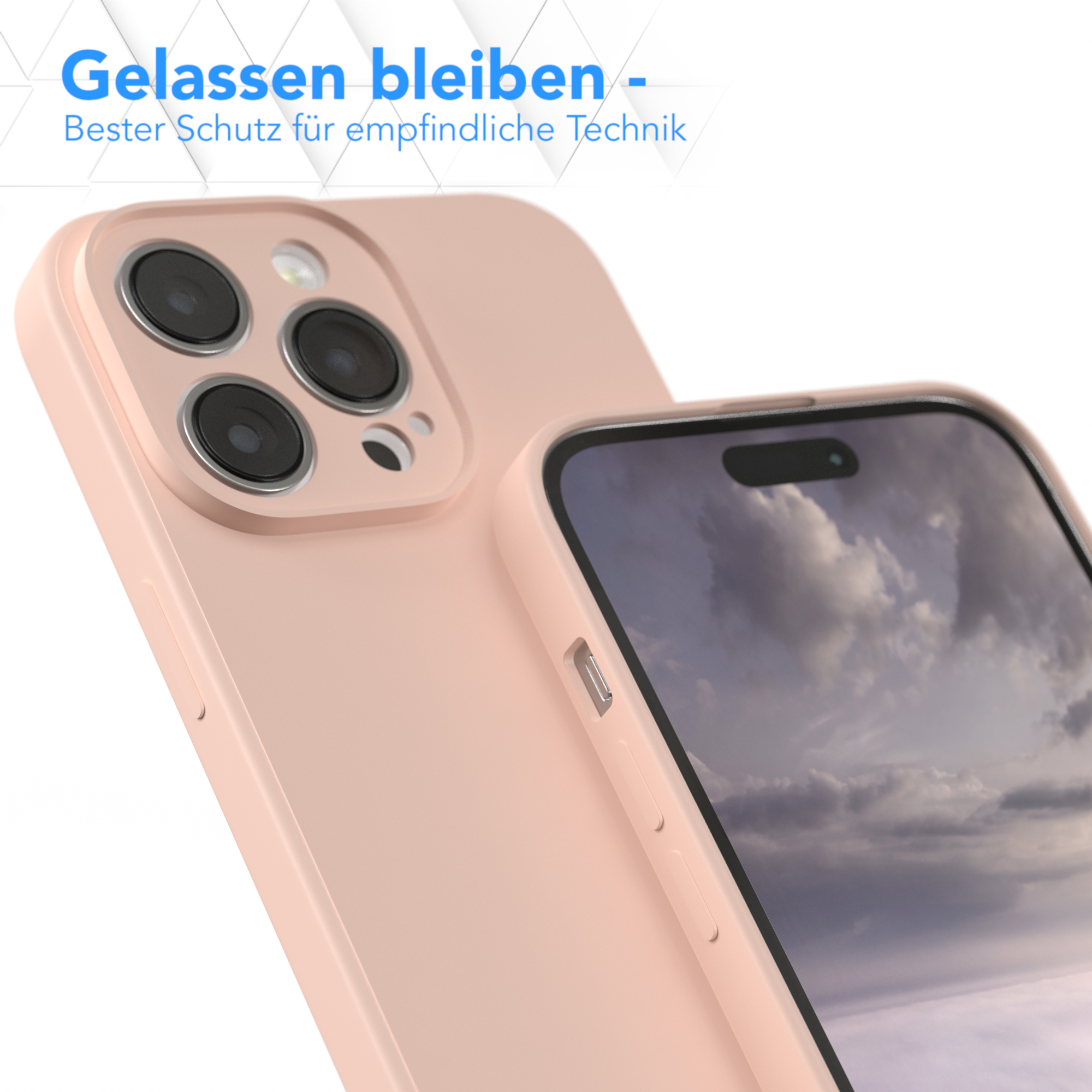 Rosa Handyhülle Nahaufnahme, zeigt ein Telefon teilweise darin. Text auf Deutsch oben.