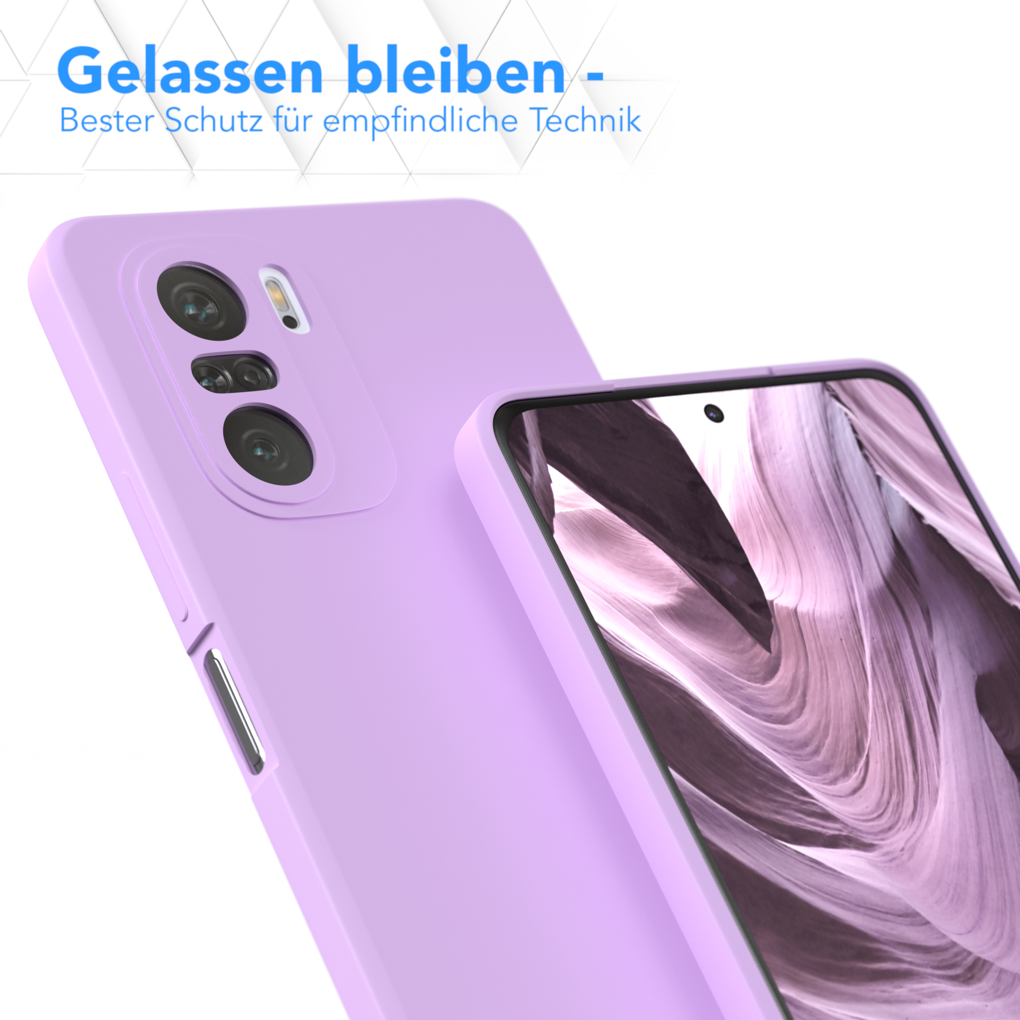Zwei hellviolette Handyhüllen. Eine ist angewinkelt, um Kameraausschnitte zu zeigen. Text auf Deutsch.