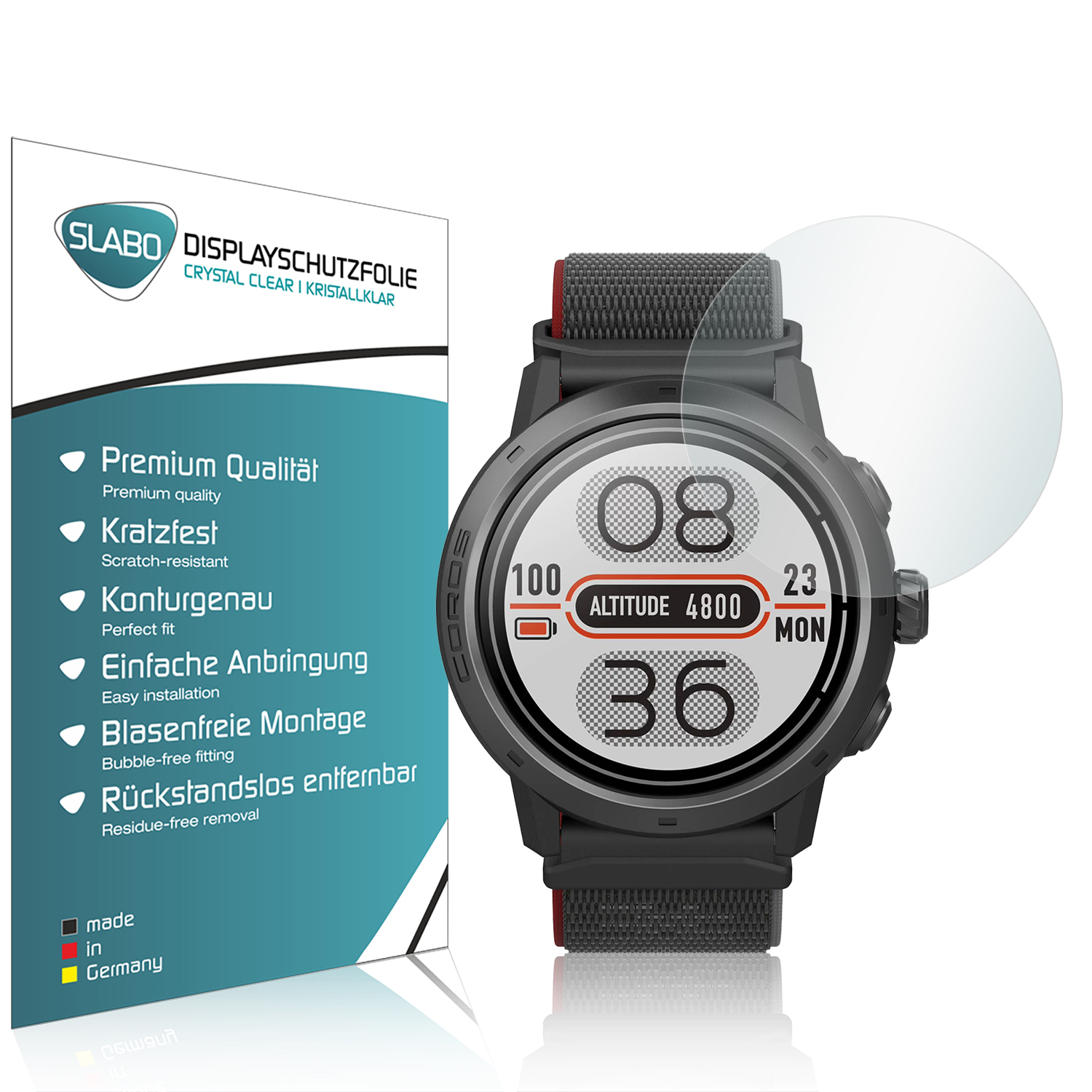 Eine Smartwatch mit Displayschutzfolie, eine Box mit Text befindet sich auf der linken Seite.