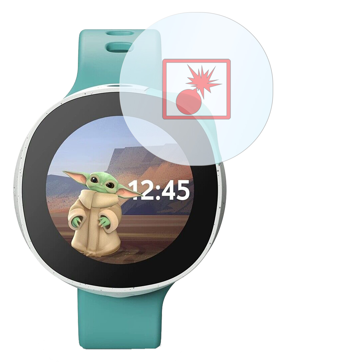 Smartwatch zeigt Baby Yoda. Overlay zeigt ein Bomben-Symbol. Türkisfarbenes Armband.