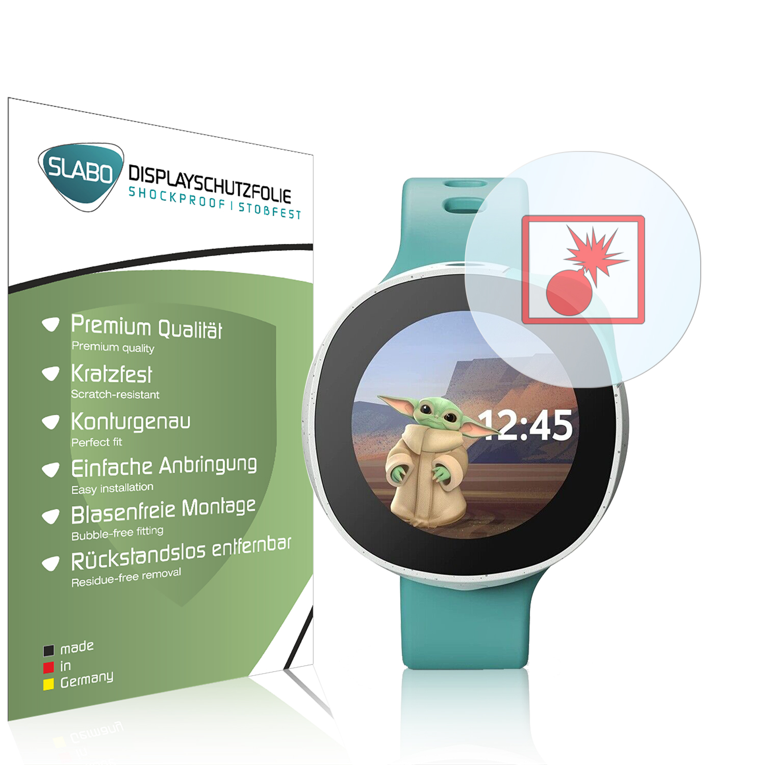 Eine Smartwatch zeigt ein Baby Yoda-Bild. Das Display ist von einem türkisfarbenen Band umgeben. Ein Schutzbildschirm ist auch sichtbar.
