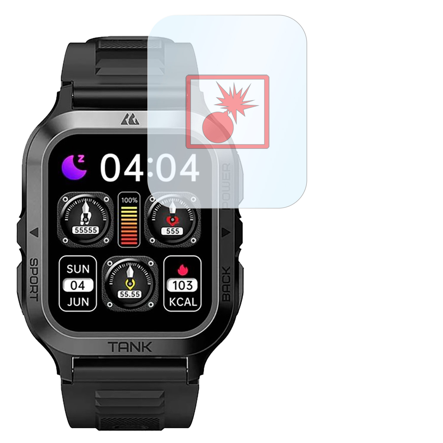 Smartwatch mit der Uhrzeit 04:04 und Symbolen. Eine Displayschutzfolie ist überlagert.