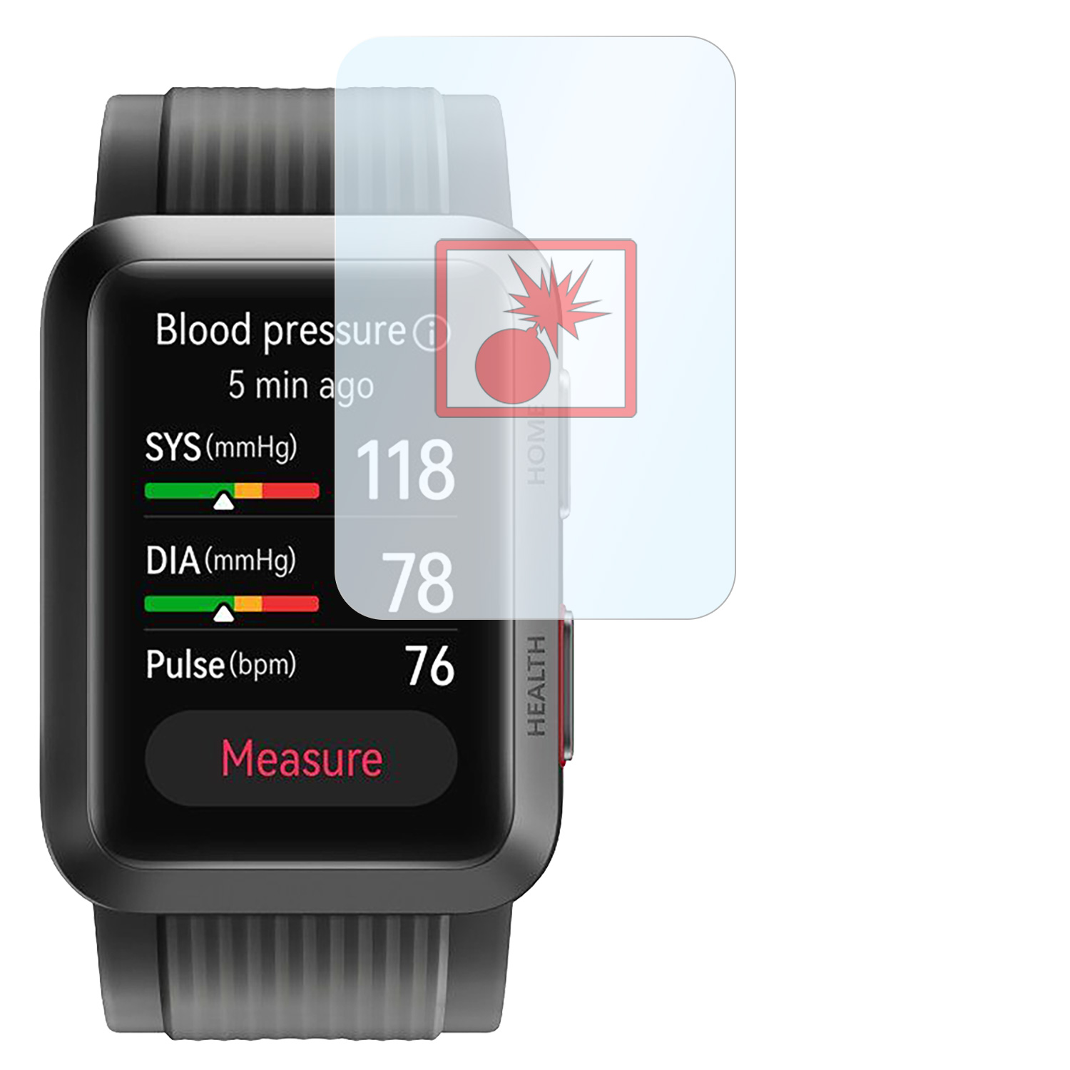 Smartwatch-Bildschirm mit Blutdruckanzeige, mit SYS-, DIA- und Pulswerten.