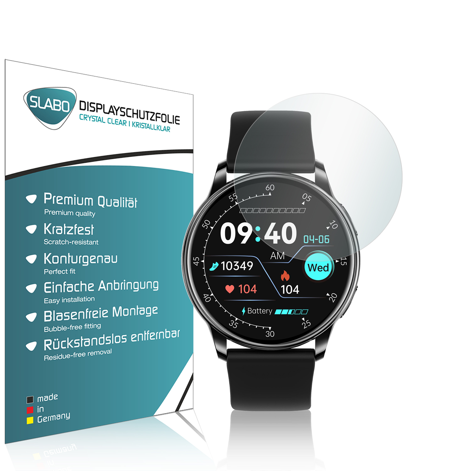Smartwatch mit Displayschutzfolie. Uhr zeigt Zeit und Gesundheitsmetriken. Schutzfolienverpackung.