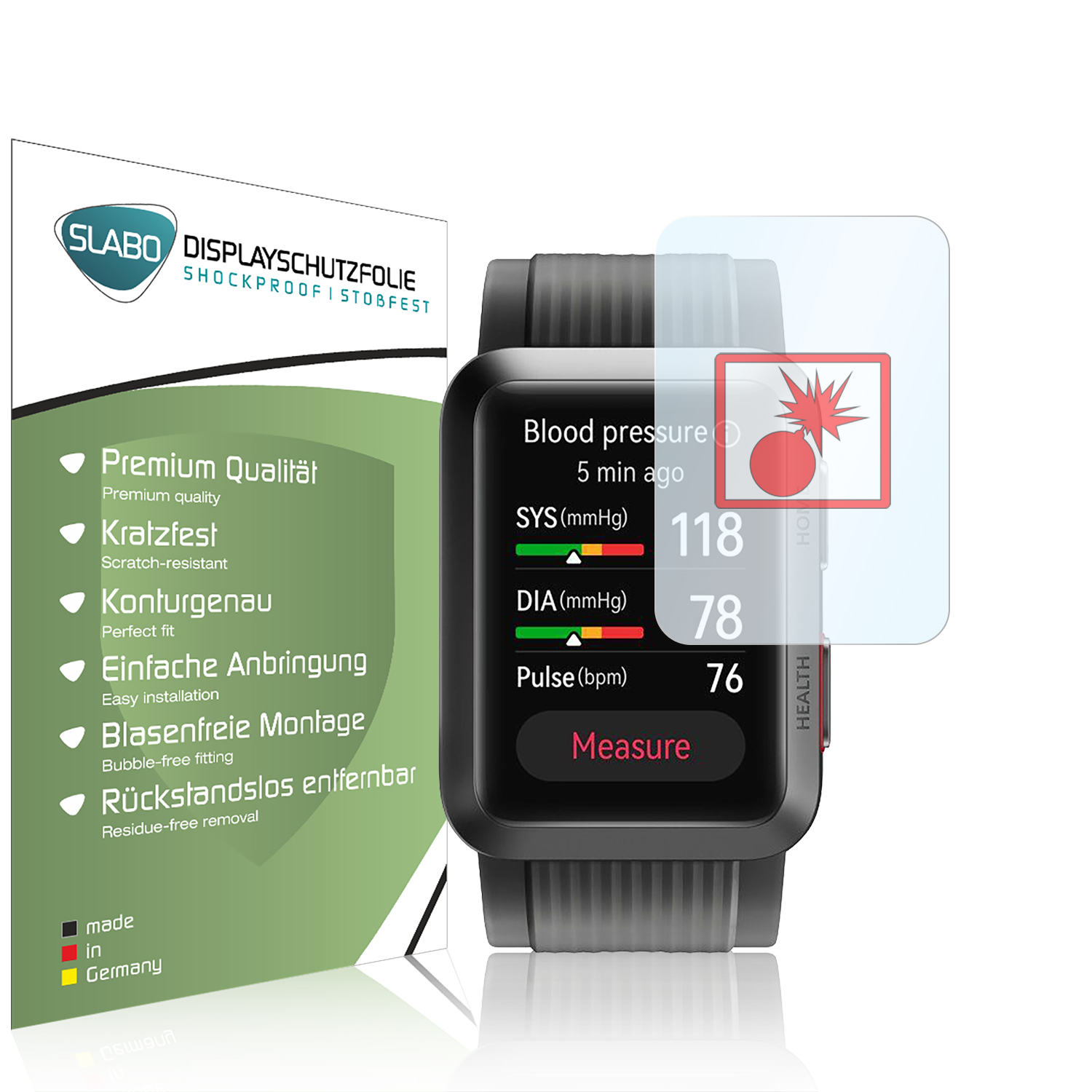 Eine Smartwatch mit Displayschutzfolie, die Blutdruckwerte anzeigt: 118/78, Puls 76.