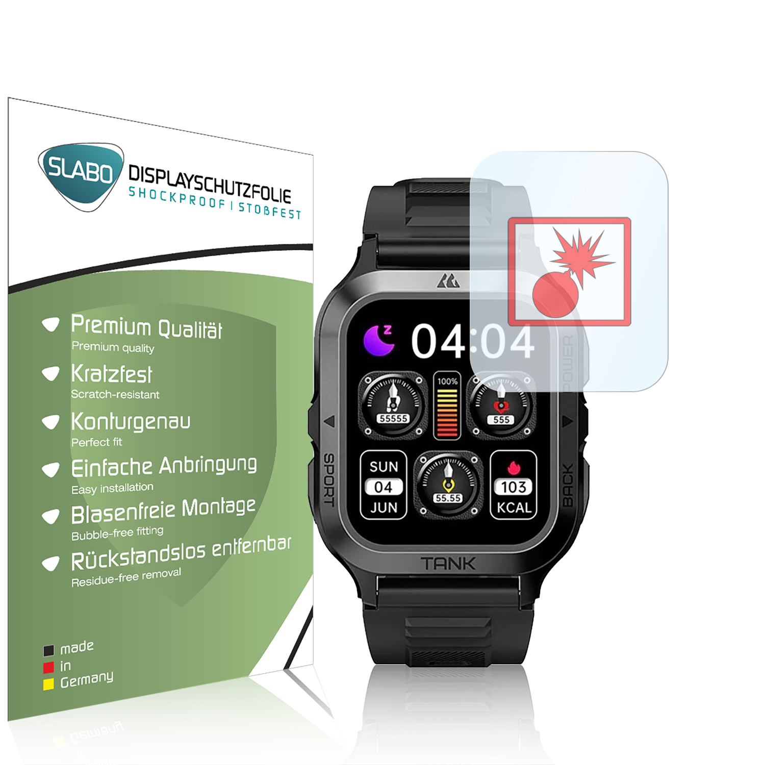 Eine Smartwatch mit Displayschutz, zeigt Zeit und Gesundheitsdaten, daneben eine Box.