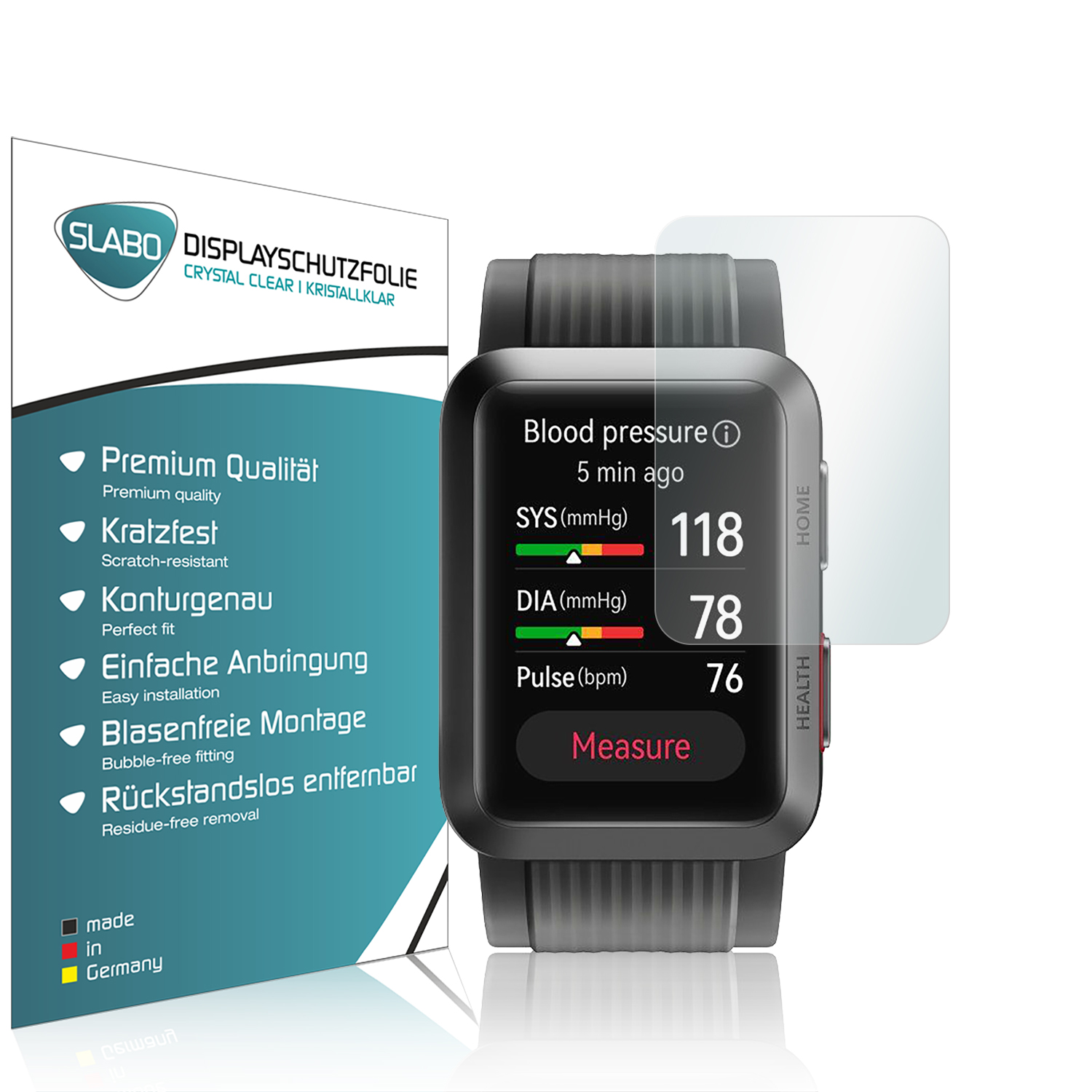 Smartwatch mit Blutdruck- und Pulswerten. Glas-Displayschutz und Box.