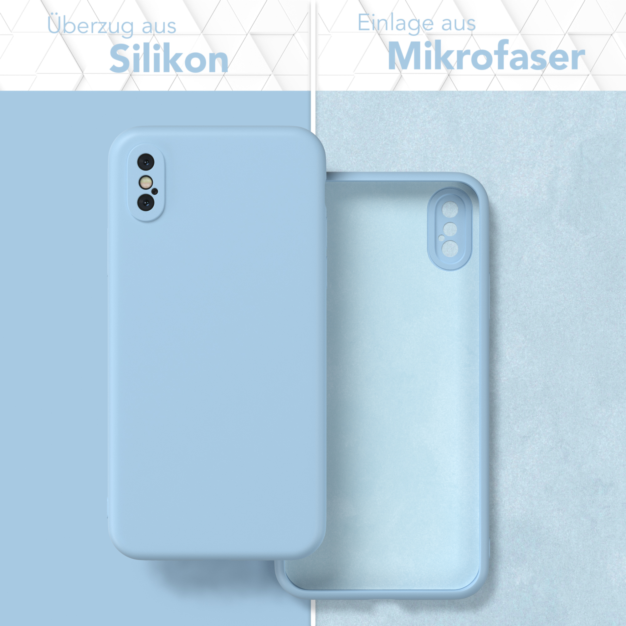 Zwei Handyhüllen in Blau. Ein Gehäuse ist geöffnet, um die Innenseite mit Mikrofaser zu zeigen.