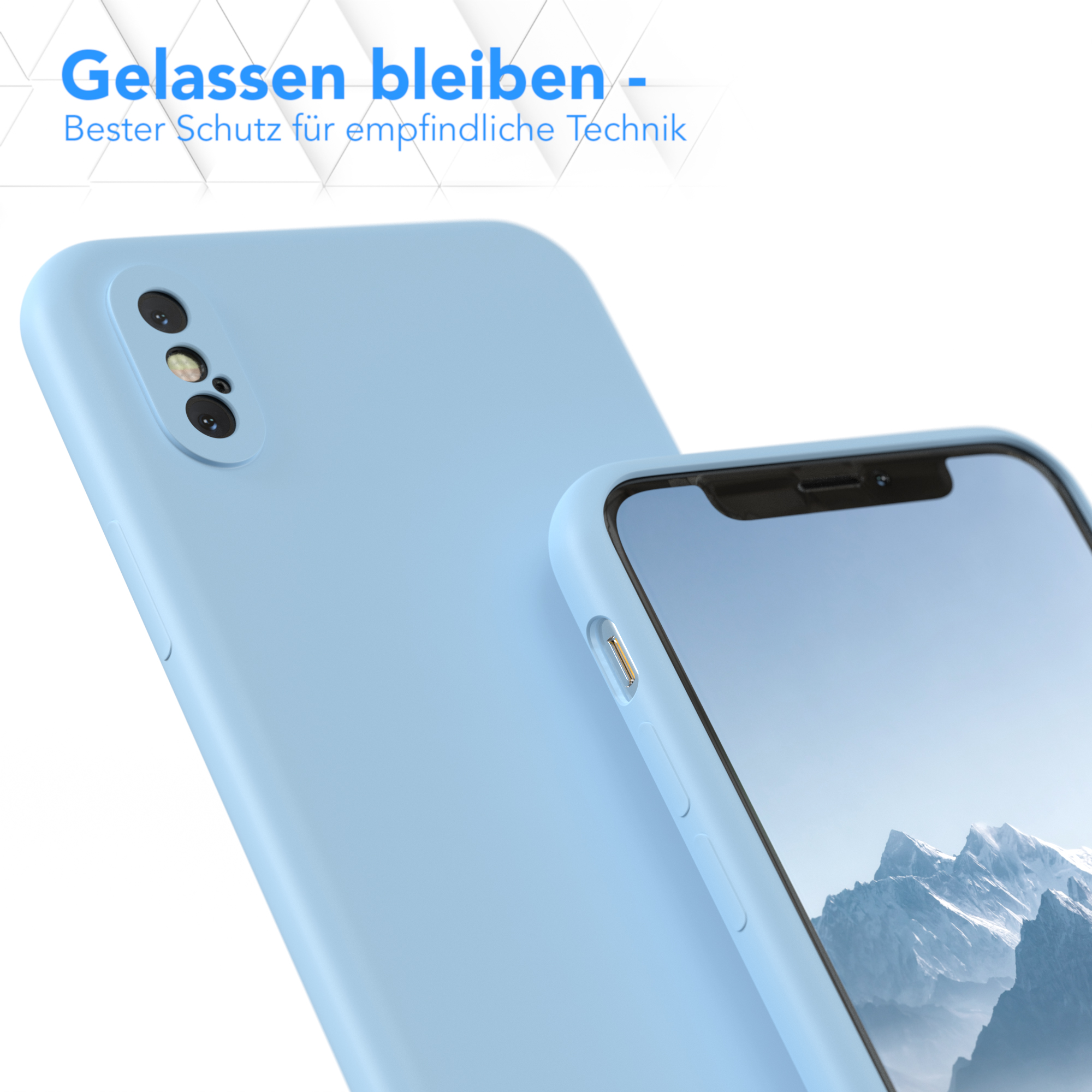 Zwei hellblaue Handyhüllen, eine auf einem Telefon, die andere abgewandt.