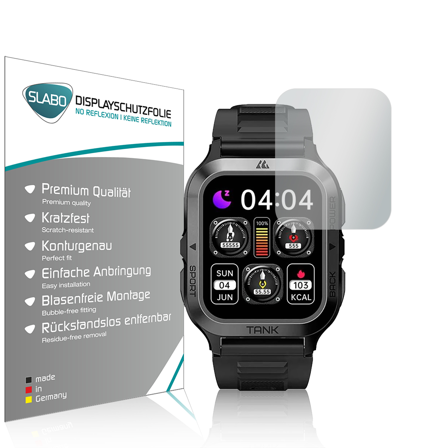 Smartwatch mit Displayschutz, schwarzes Gehäuse, weißer Hintergrund.