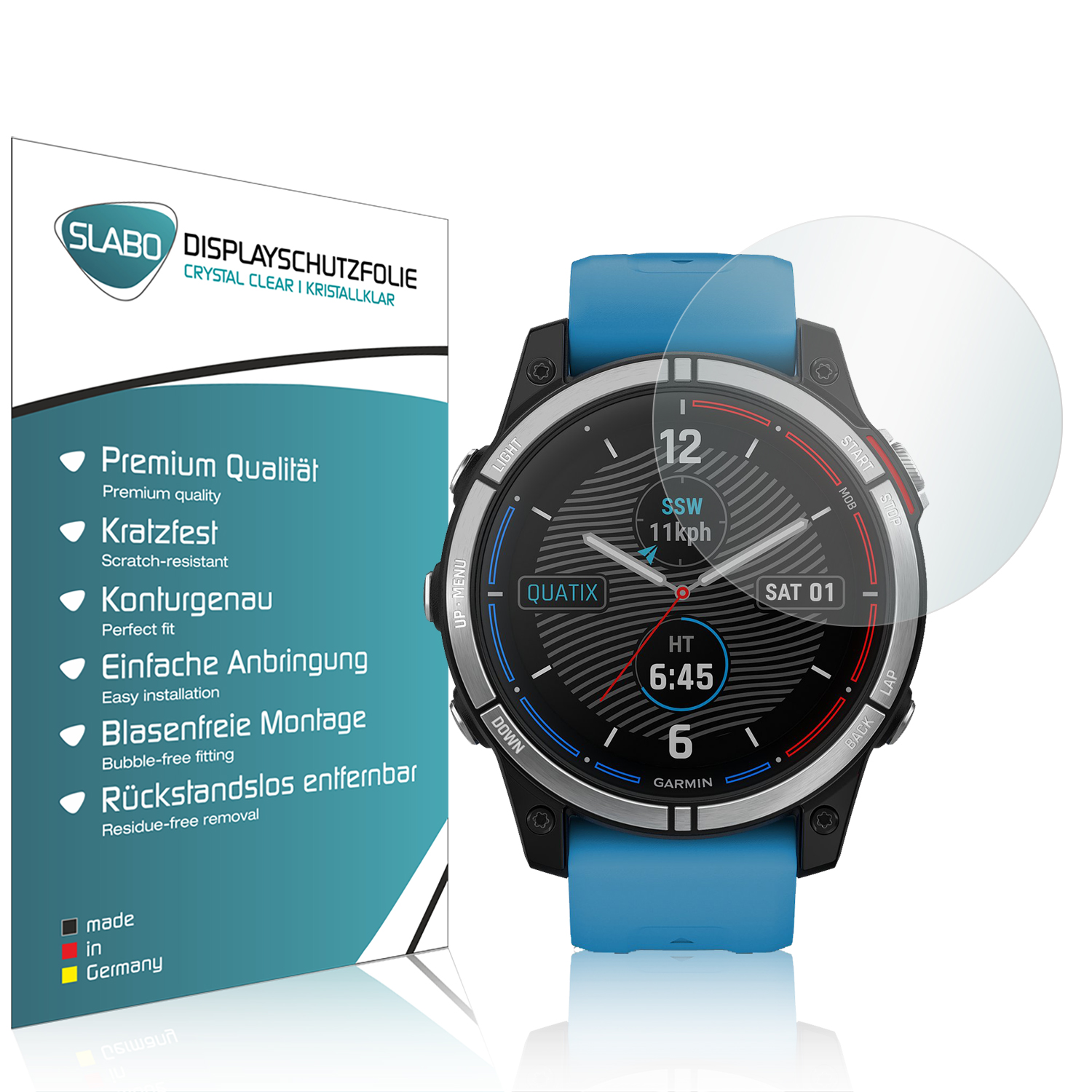 Eine Smartwatch mit Displayschutz, eine Uhr mit blauem Band und der angezeigten Zeit.
