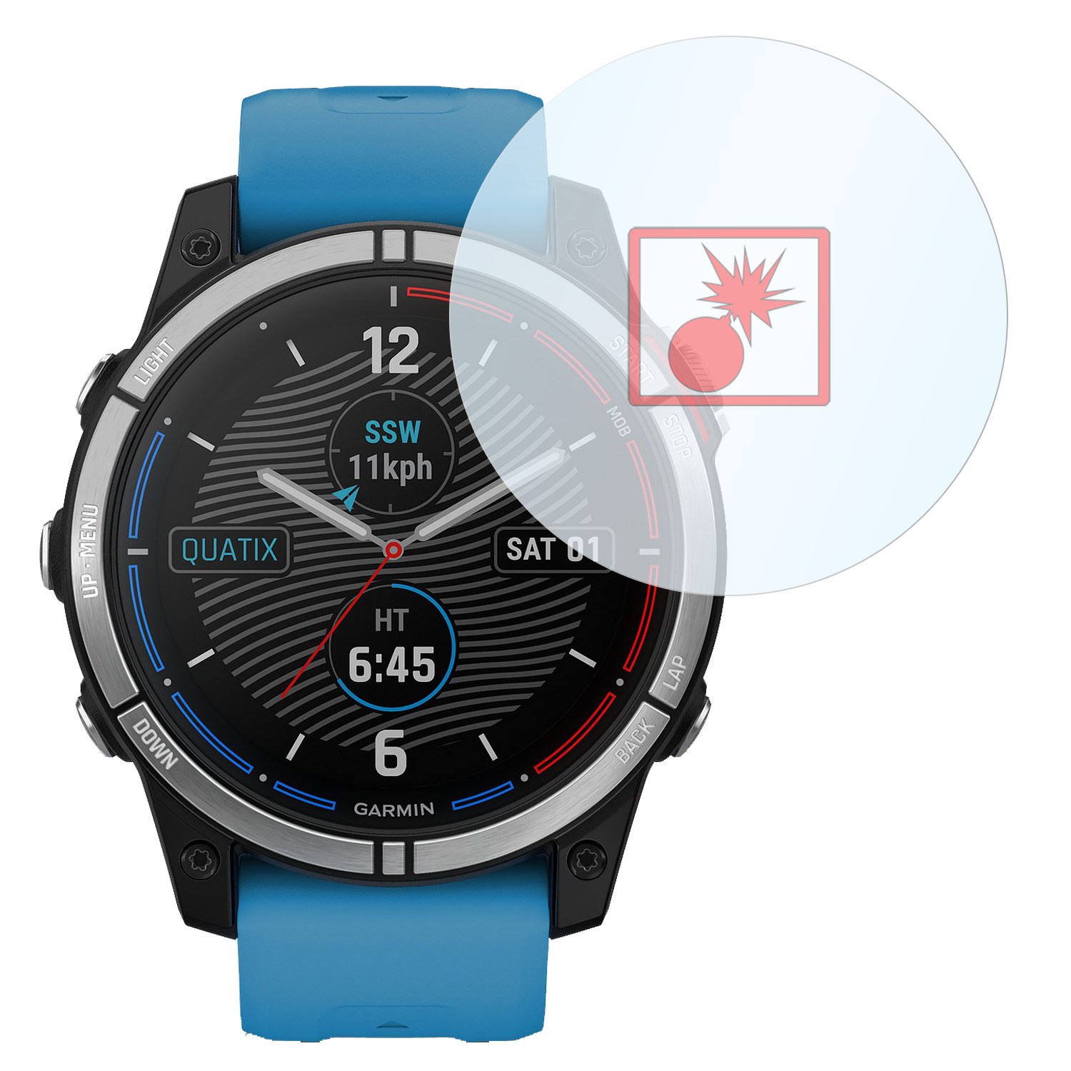 Eine Garmin Smartwatch mit blauem Armband, Zeitanzeige und einem Bomben-Symbol.