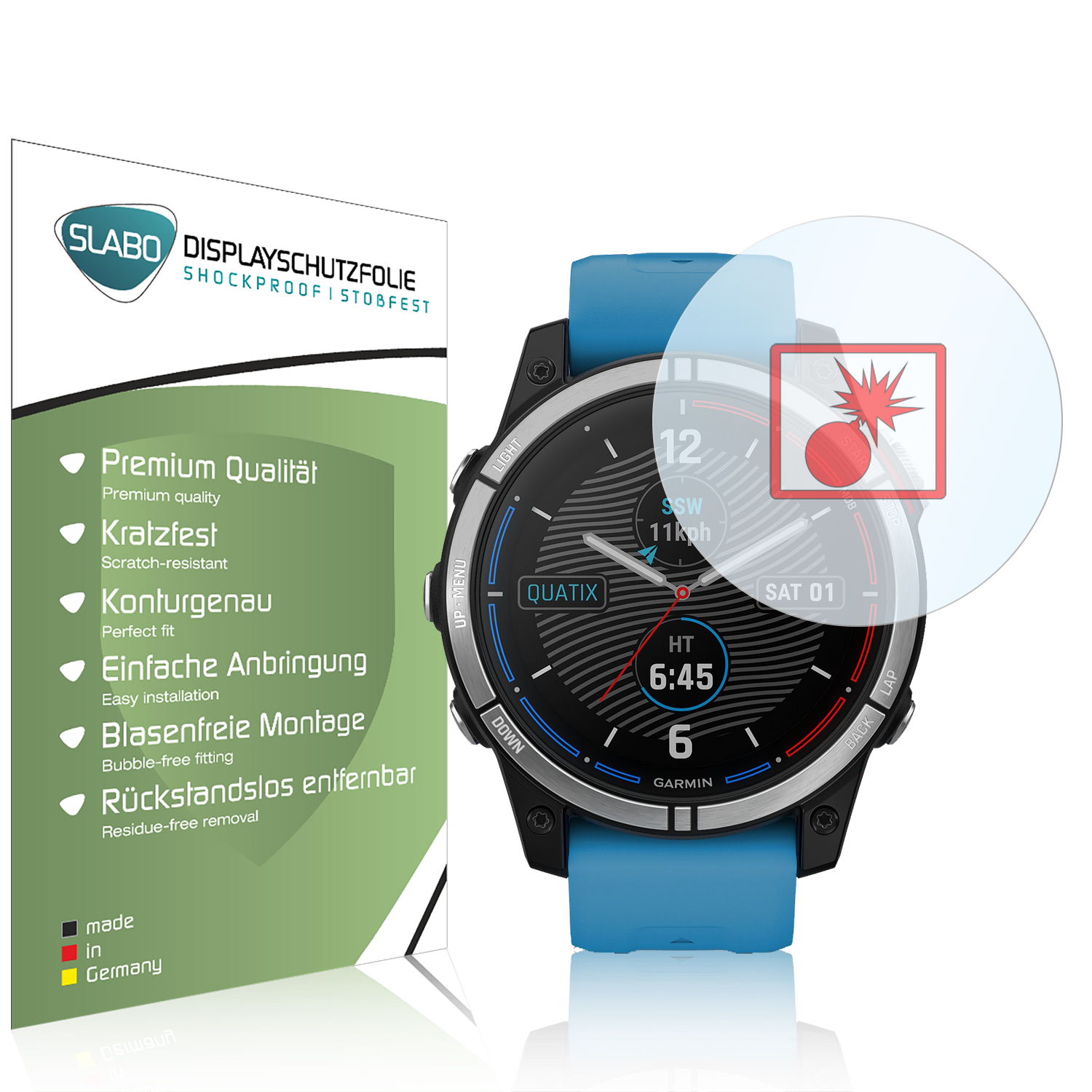Smartwatch mit Displayschutz und Bomben-Grafik.