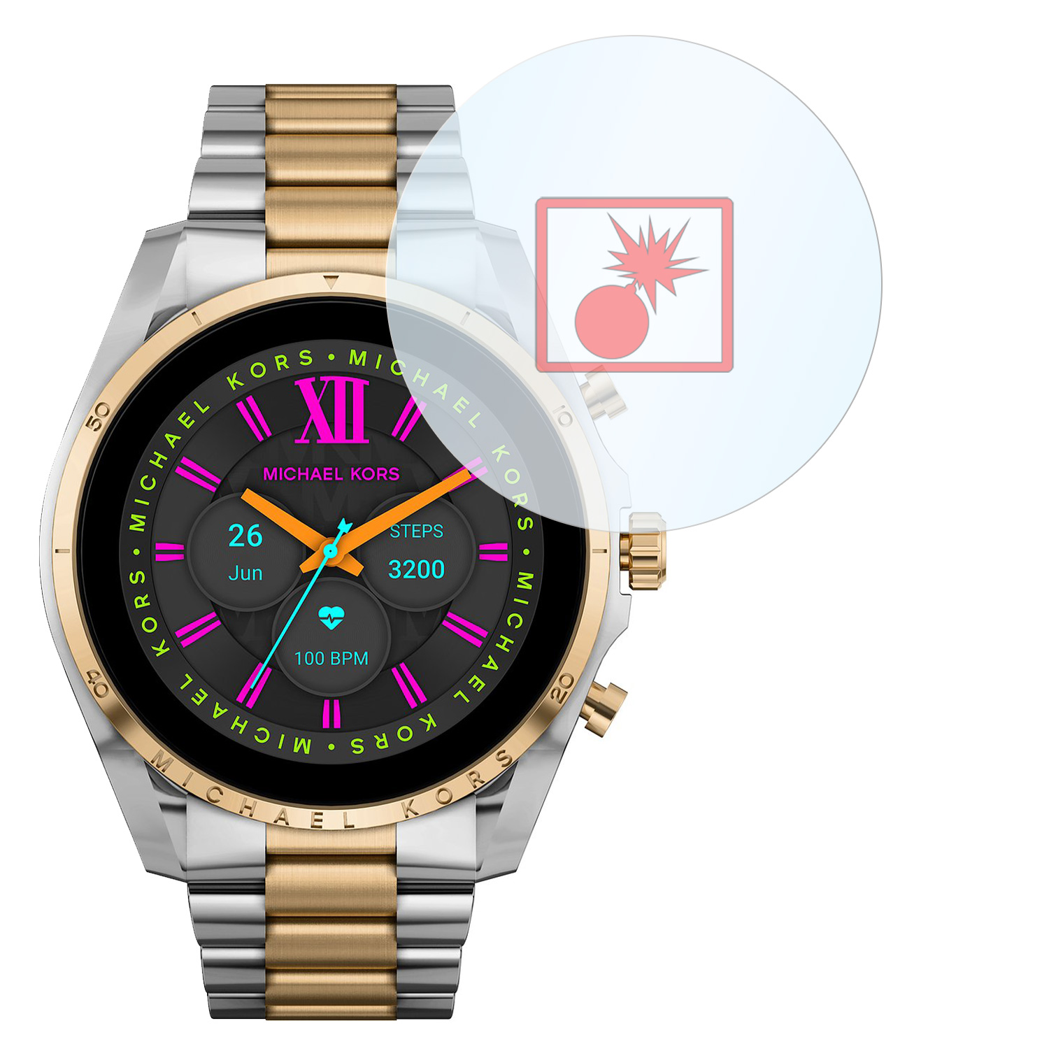 Michael Kors Smartwatch mit Gold- und Silberakzenten, zeigt Datum und Schritte, weißer Hintergrund.