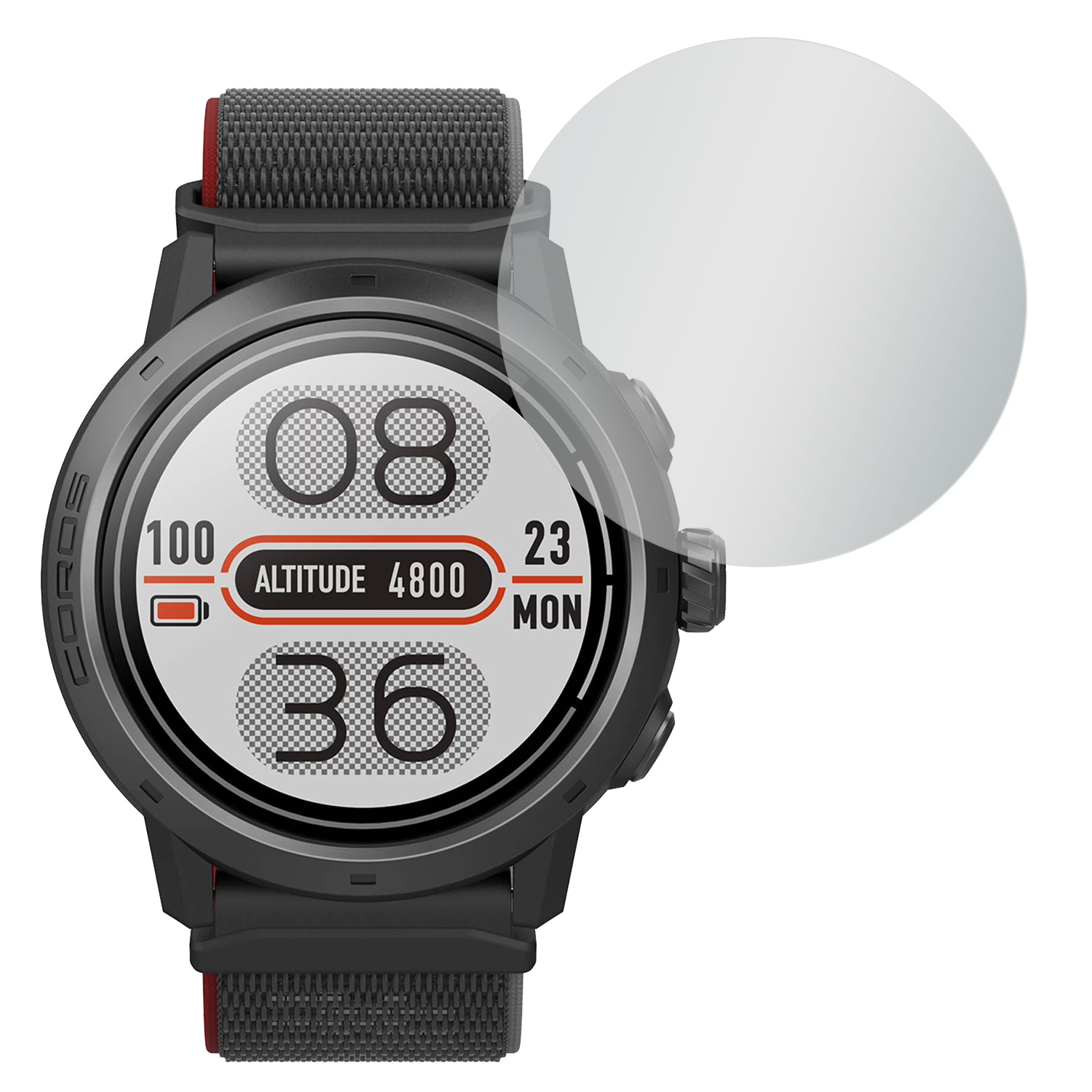 Schwarze Smartwatch mit Datendisplay. Eine Schutzfolie liegt über dem Bildschirm.