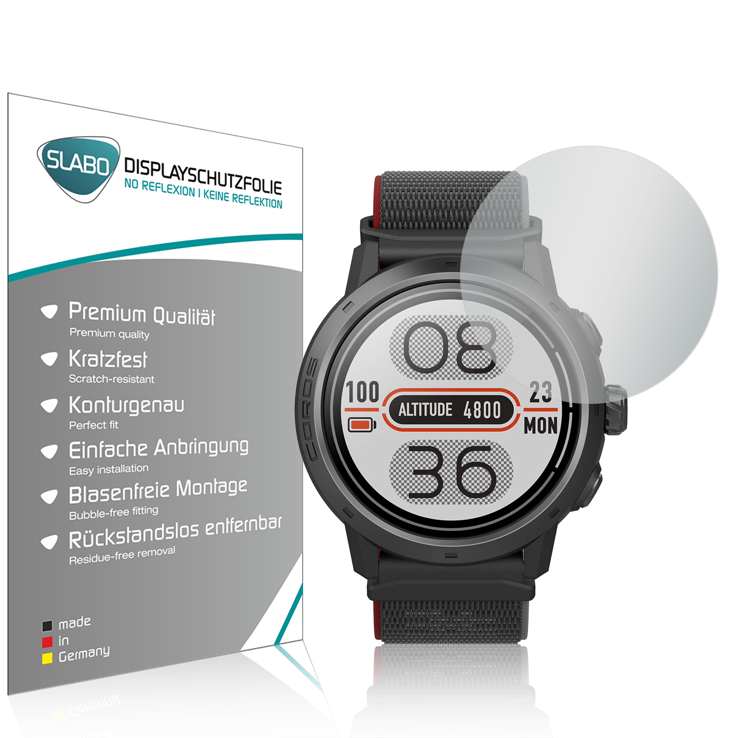 Smartwatch auf weißem Hintergrund. Die Uhr zeigt Zeit, Höhe und Datum an. Es hat ein schwarzes Armband.