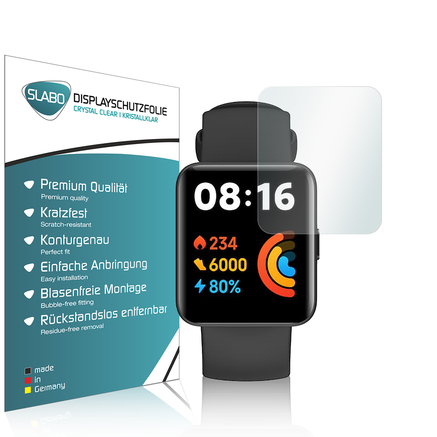 Smartwatch mit Displayschutzfolien-Box. Uhr zeigt Zeit, Schritte, Herzfrequenz und Akkustand.
