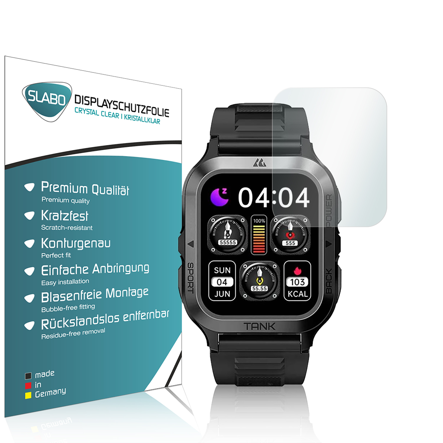 Smartwatch mit Displayschutzfolienbox. Die Uhr zeigt Zeit, Datum und Gesundheitsdaten an. Die Box listet Funktionen auf.
