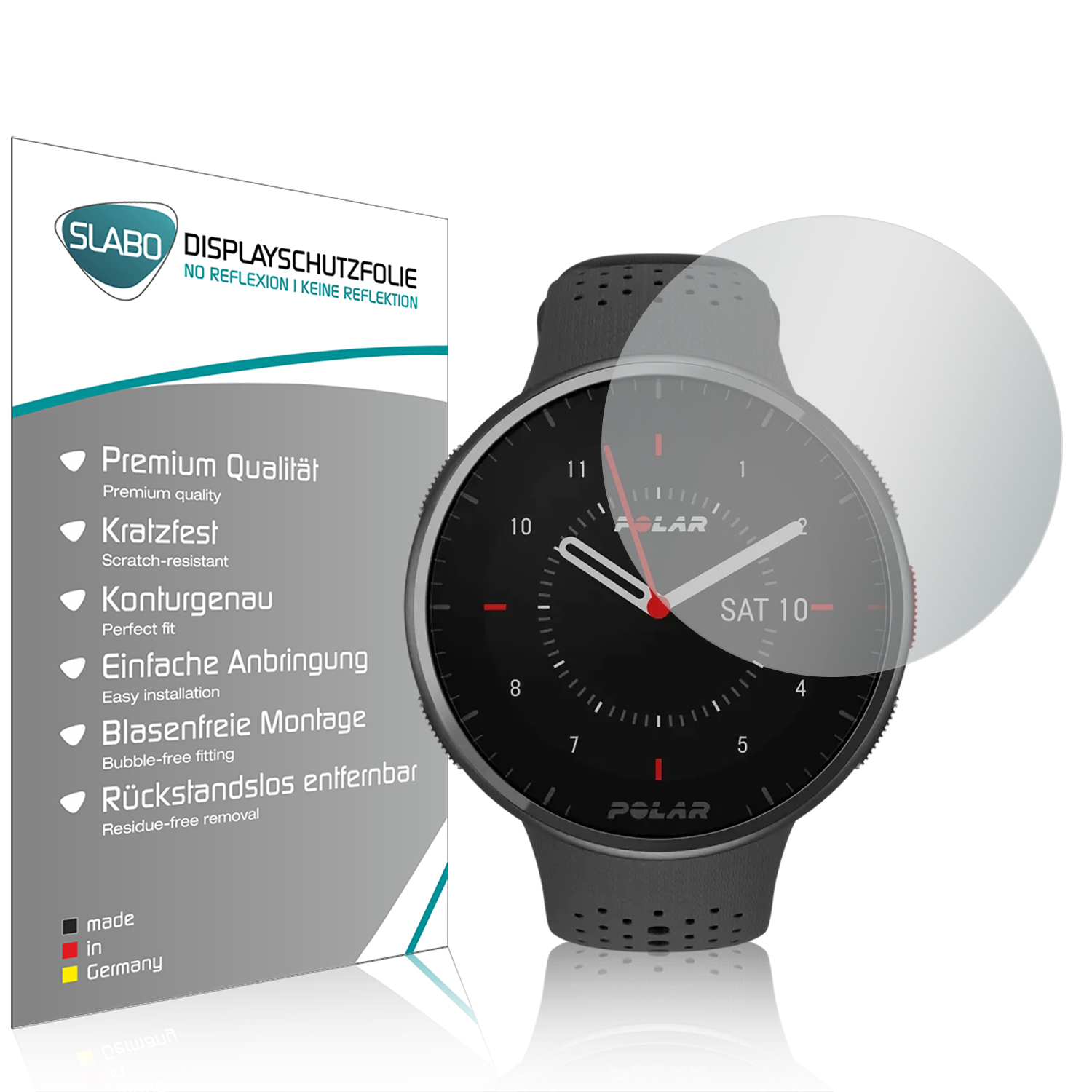 Polar Uhr mit Displayschutz. Die Uhr zeigt Zeit und Datum an.