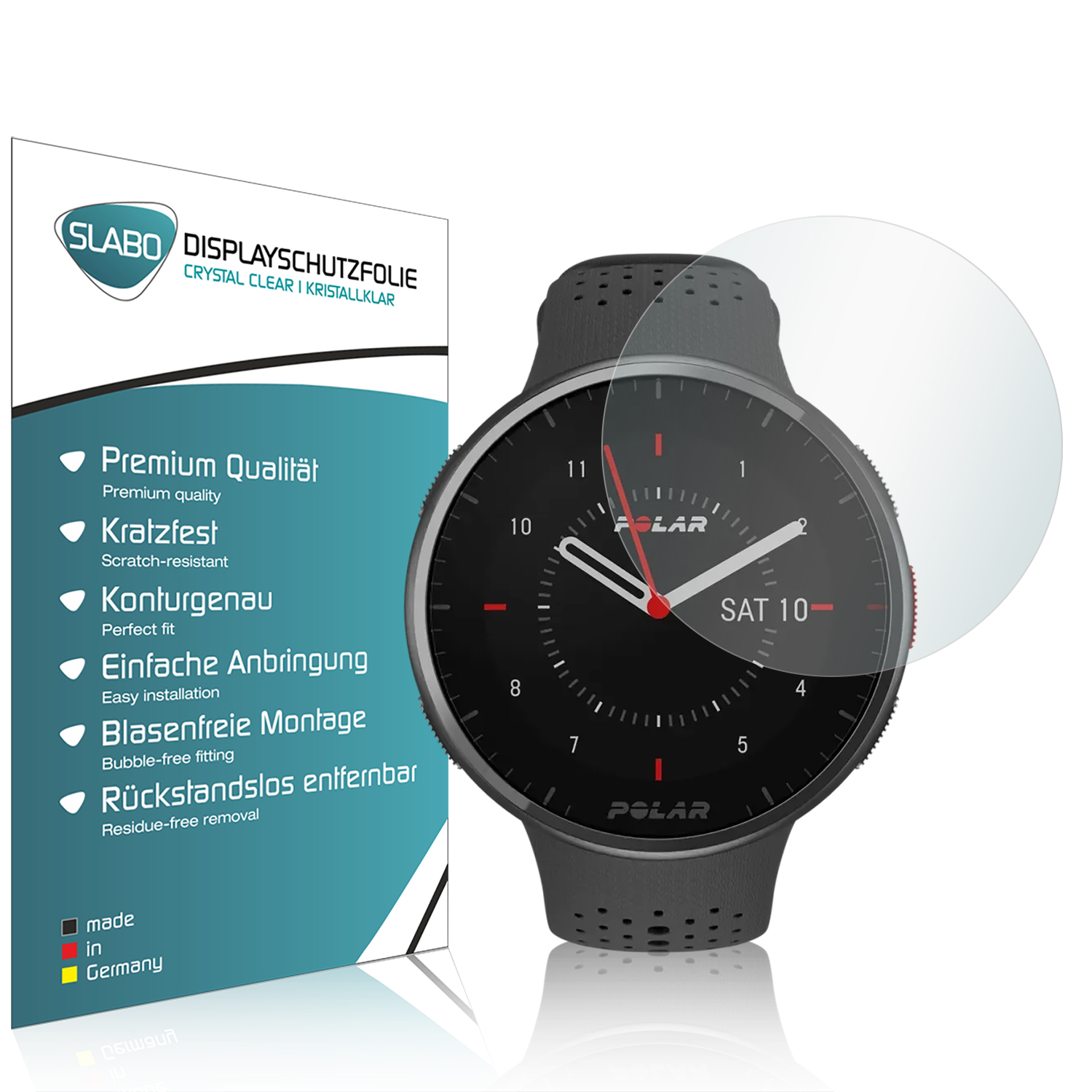 Smartwatch mit Displayschutzfolie und einer Box. Die Uhr zeigt Datum und Uhrzeit.