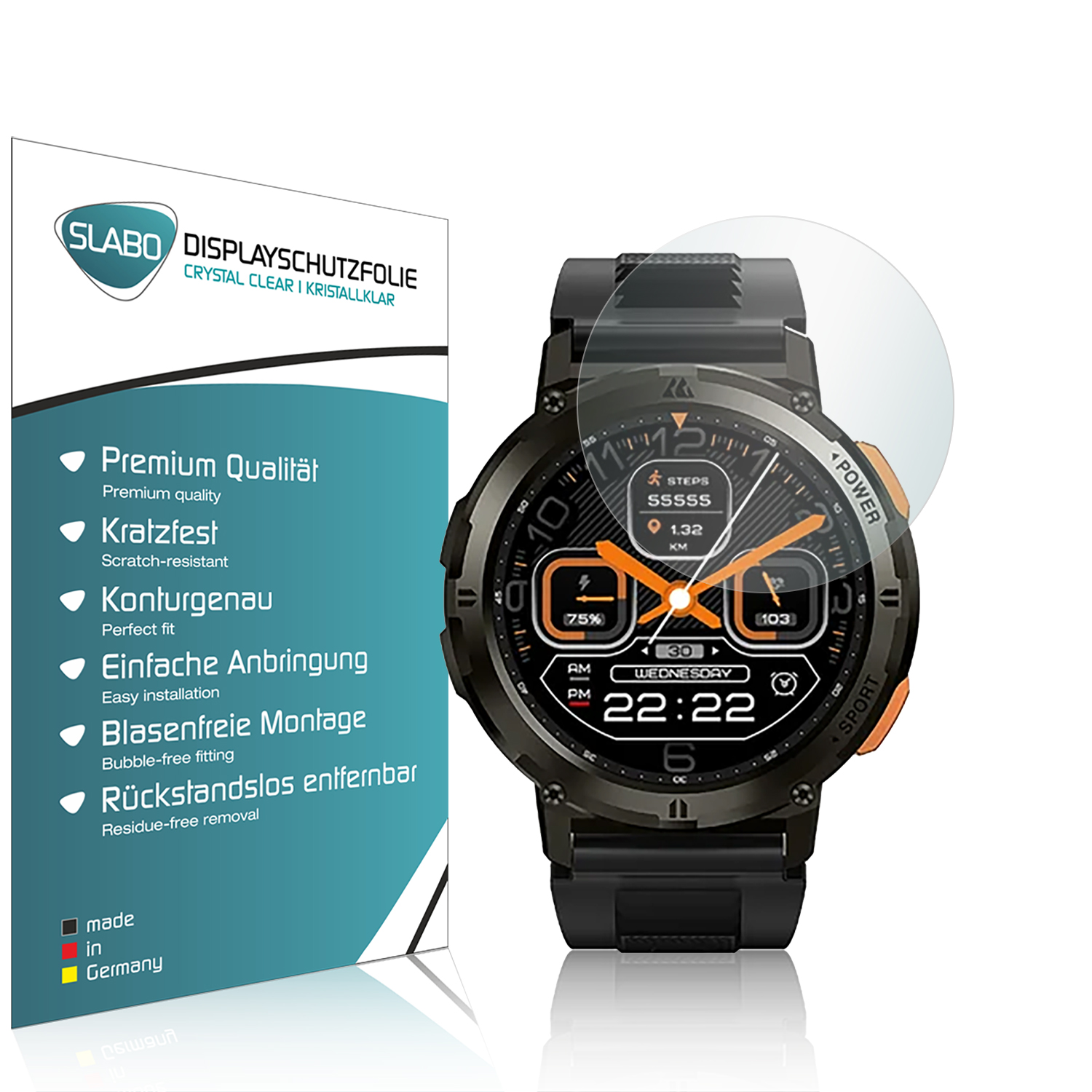 Eine Smartwatch mit Displayschutzfolie und einer Box mit Produktinformationen links.