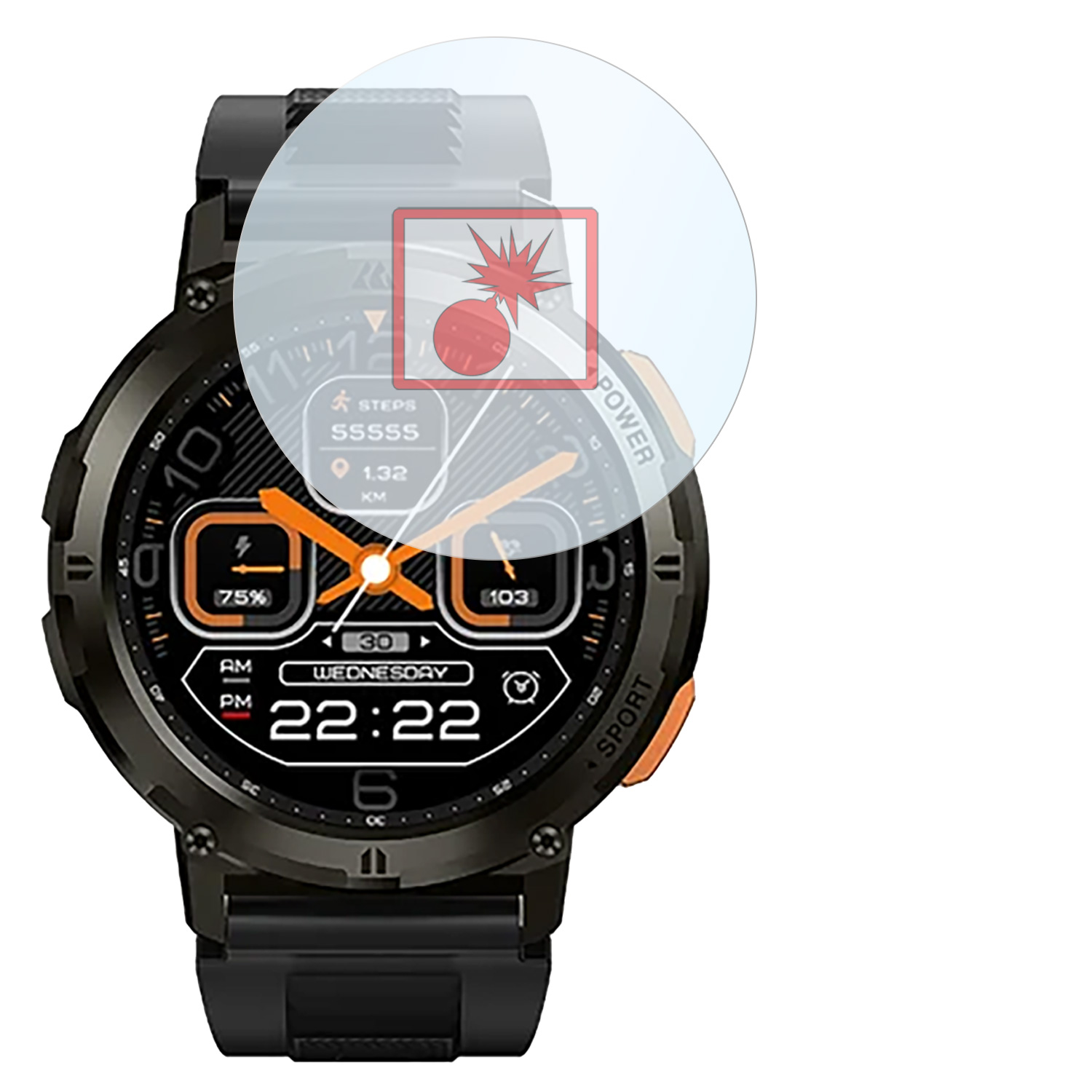 Smartwatch mit schwarzem Armband, Anzeige von Zeit, Schritten und anderen Fitnessmetriken. Orange Akzente.