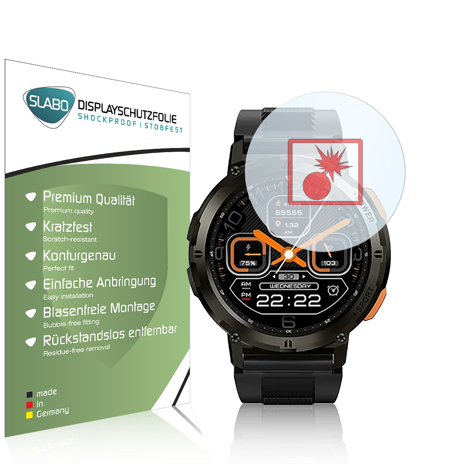 Eine Smartwatch mit Displayschutzfolie. Das Zifferblatt zeigt Zeit, Datum und Akkulaufzeit.