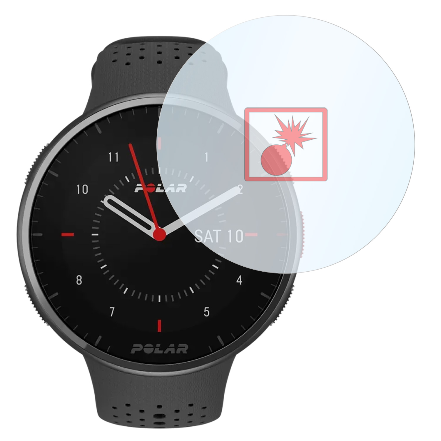Smartwatch mit schwarzem Armband. Der Bildschirm zeigt die Uhrzeit und ein rotes Symbol, überlagert von einer Explosion.